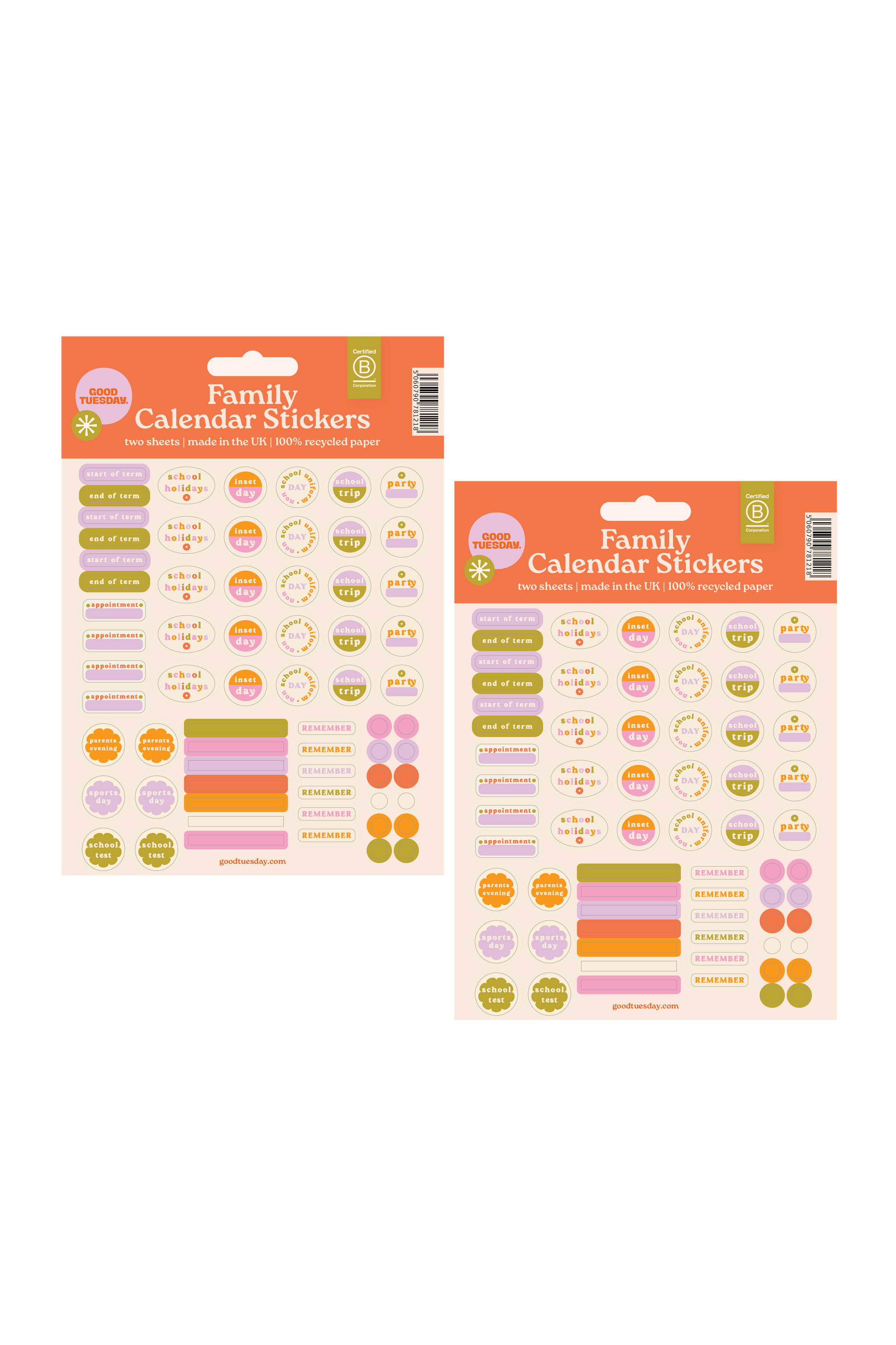 Two packages of Family Calendar Stickers with colorful designs on a white background