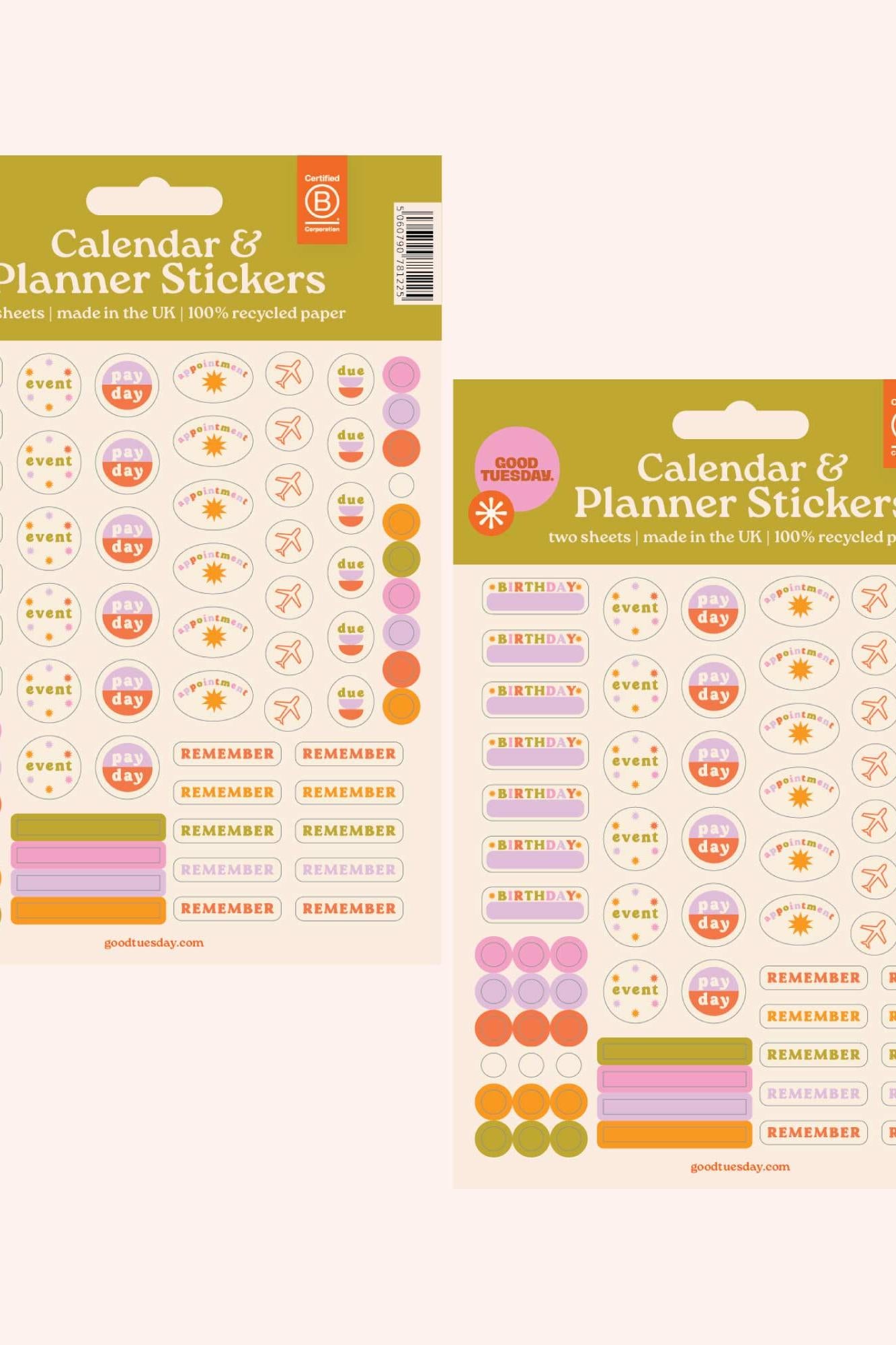 Two packages of calendar and planner stickers with colourful designs on a white background.