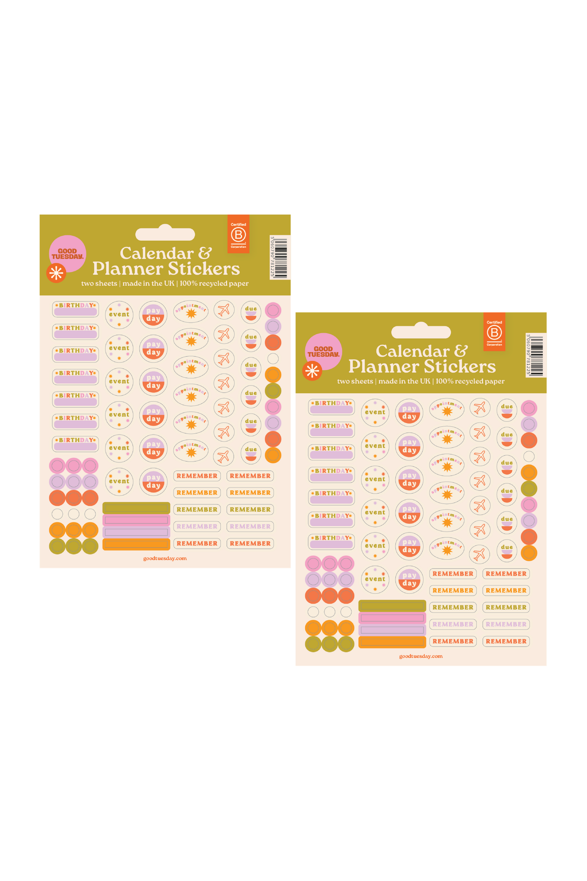 Two packages of calendar and planner stickers with colourful designs on a white background.