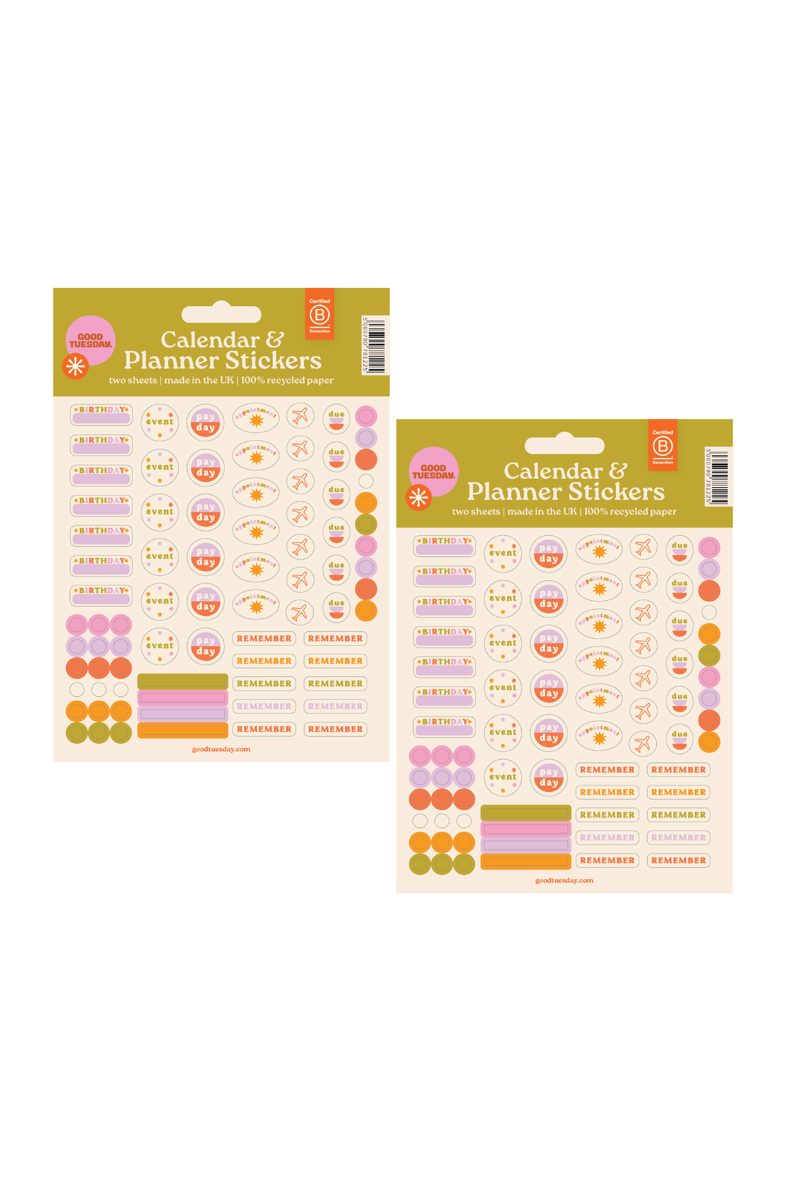 Two packages of calendar and planner stickers with colourful designs on a white background.