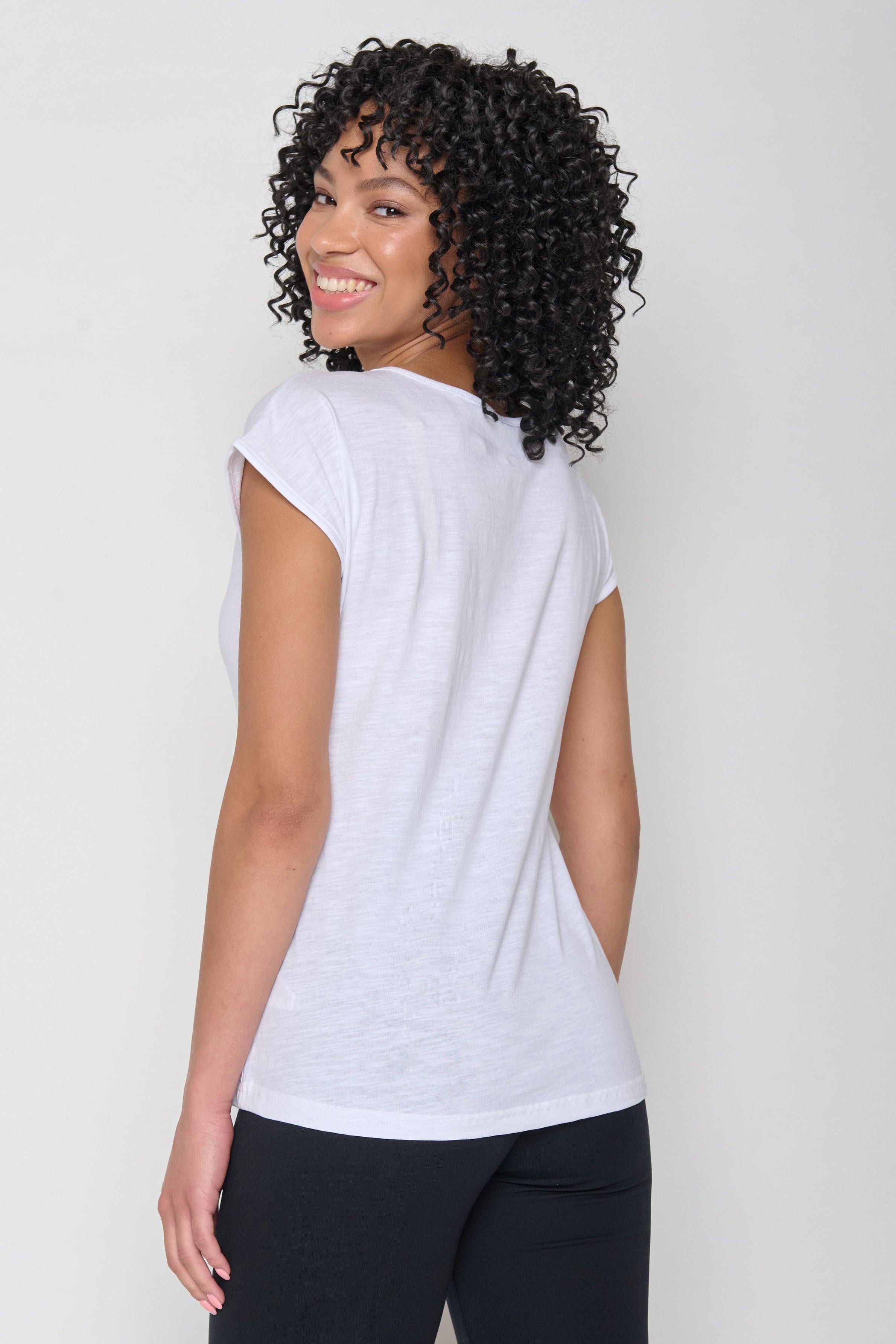 Side view of the white Greenbomb Basic Cool Tee, showing the relaxed fit and short sleeves.