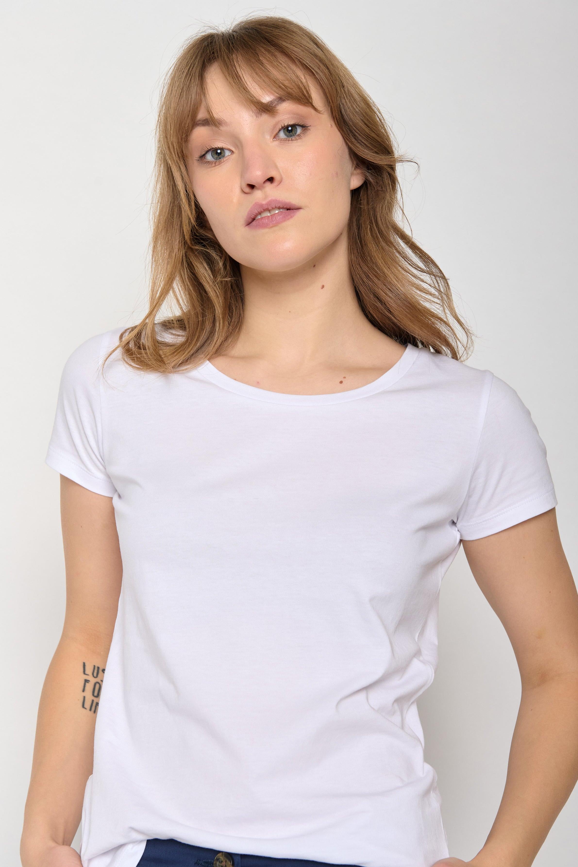 Close up view of white t-shirt with crew-neck and short sleeves