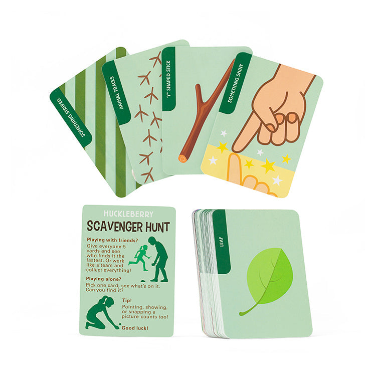 Huckleberry Scavenger Hunt cards showing illustrated nature prompts and instructions