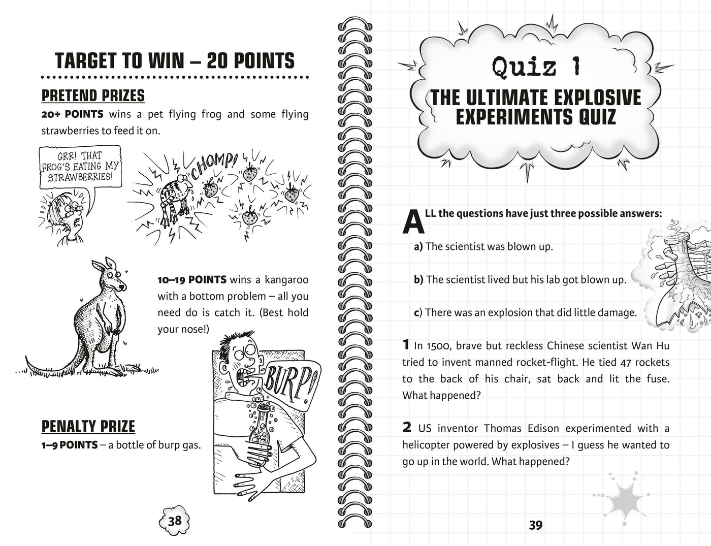 Two pages from a book with cartoon illustrations and text, including a quiz titled 'The Ultimate Explosive Experiments Quiz'.