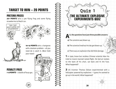 Two pages from a book with cartoon illustrations and text, including a quiz titled 'The Ultimate Explosive Experiments Quiz'.
