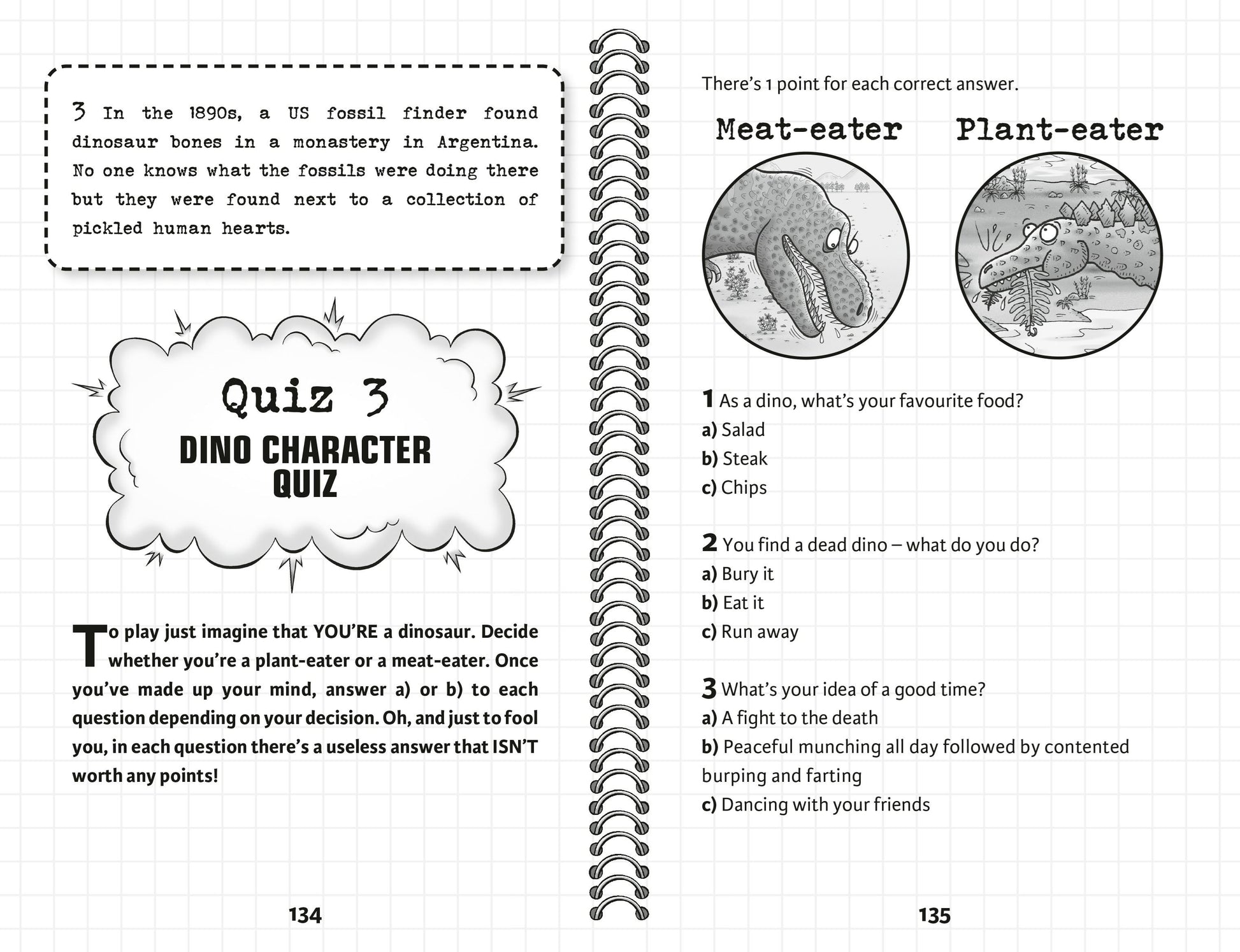Quiz page from a children's book about dinosaur character choices, featuring text and illustrations.