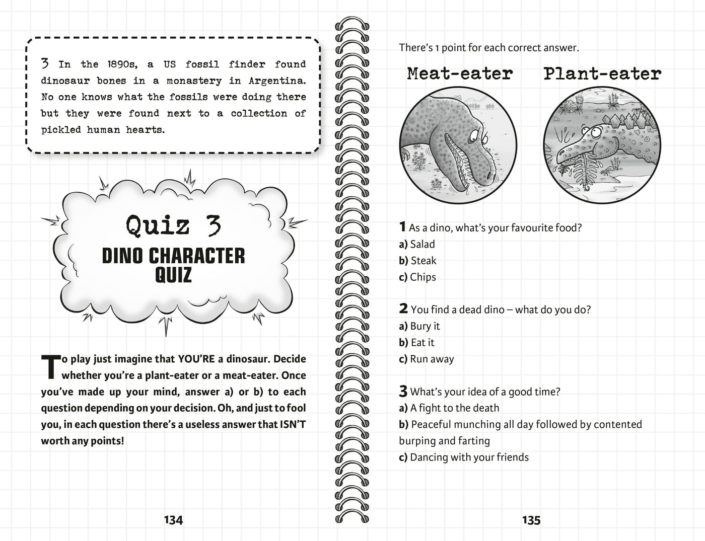 Quiz page from a children's book about dinosaur character choices, featuring text and illustrations.