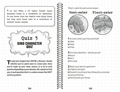 Quiz page from a children's book about dinosaur character choices, featuring text and illustrations.