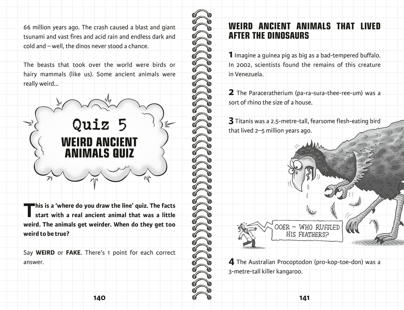 Two pages from a book about ancient animals, including a quiz and illustrations.