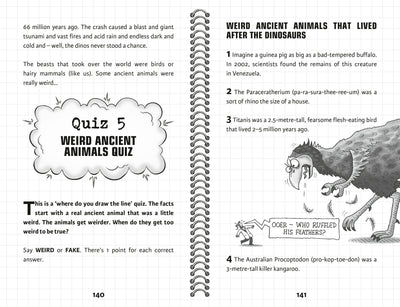 Two pages from a book about ancient animals, including a quiz and illustrations.