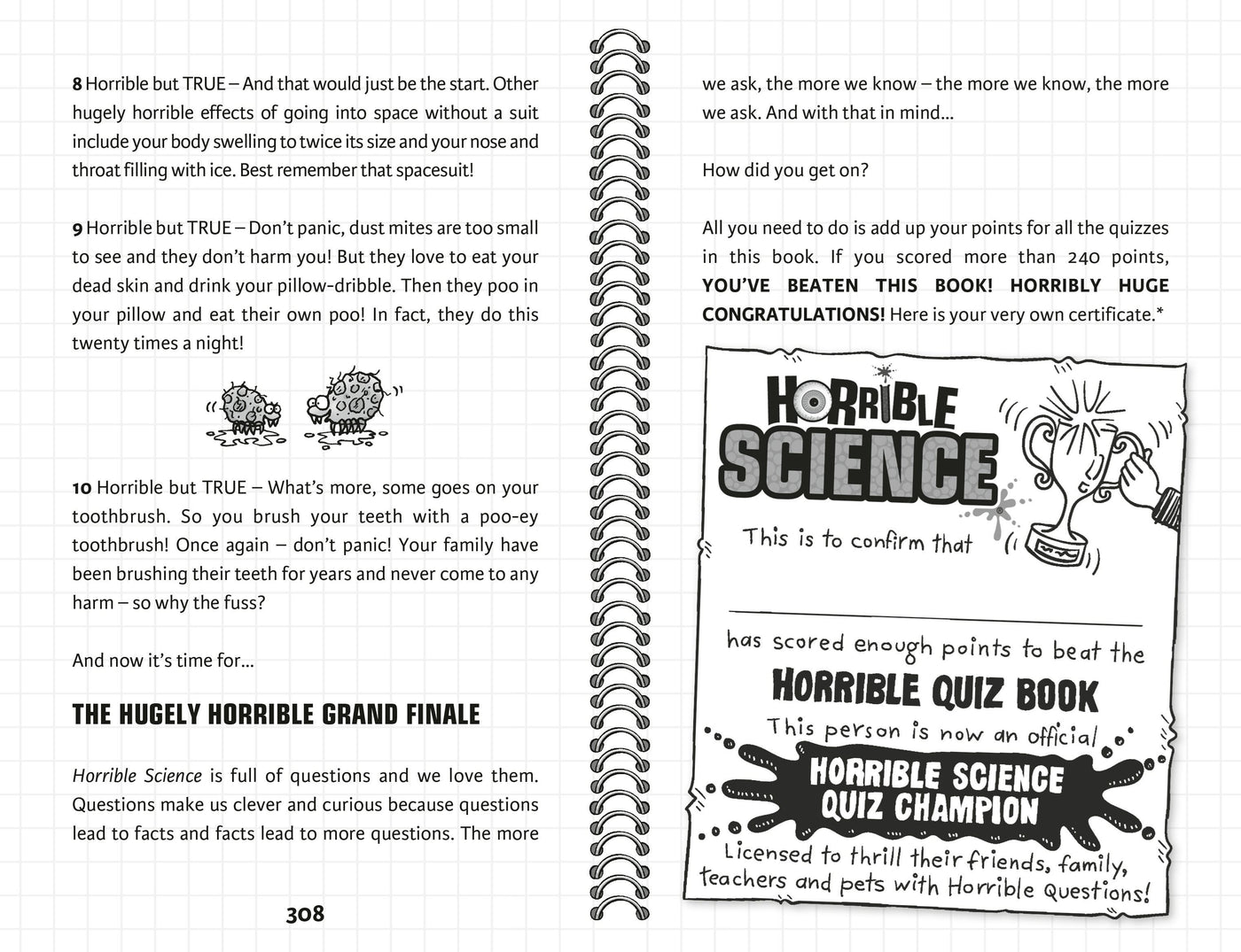 Page from a book titled 'Horrible Science' with quiz results and certification.