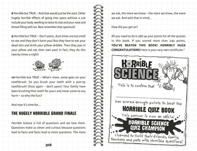 Page from a book titled 'Horrible Science' with quiz results and certification.