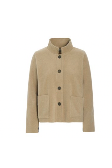 Beige jacket with button details on a white background