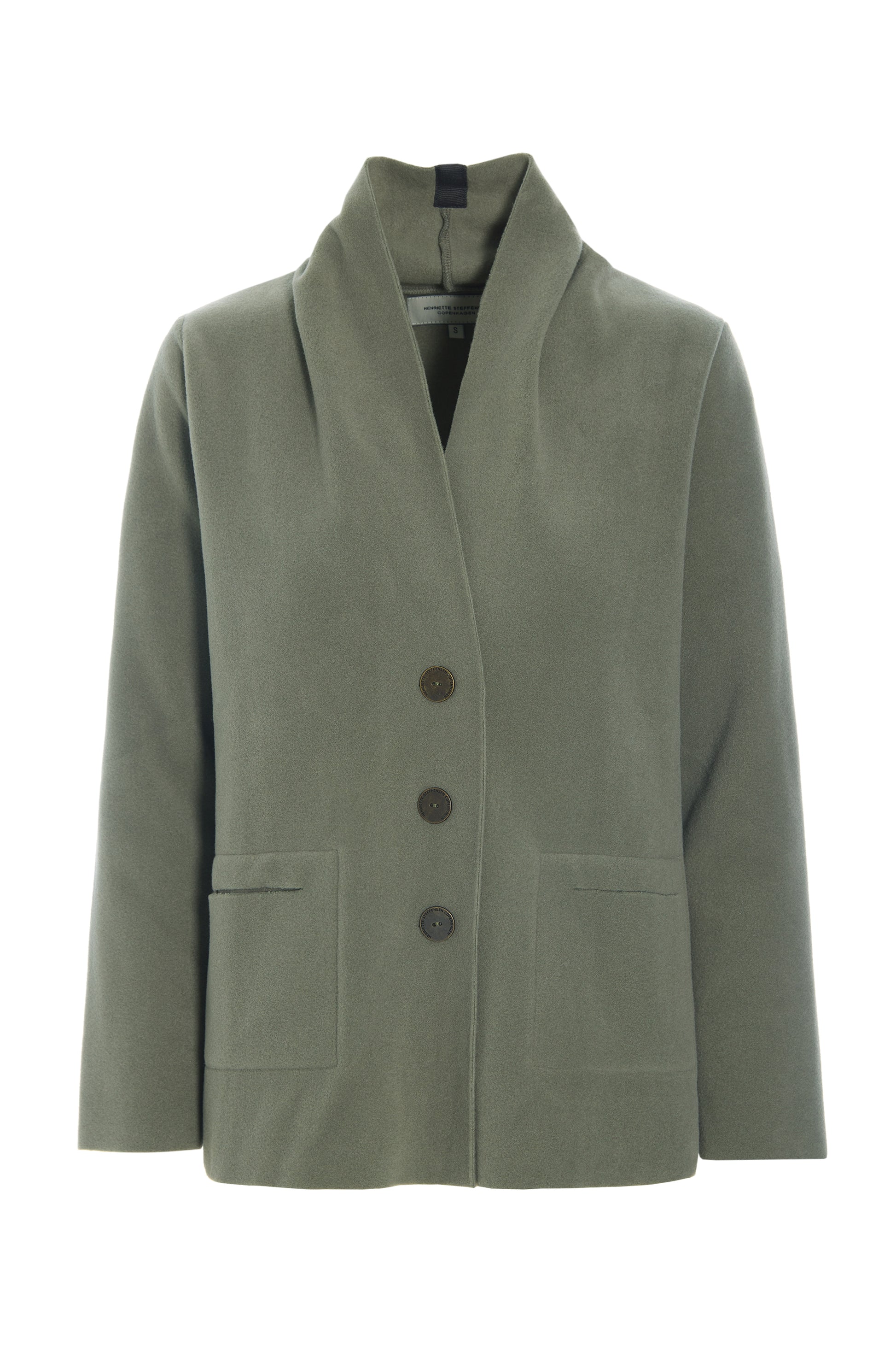Green fleece cardigan with buttons on a white background