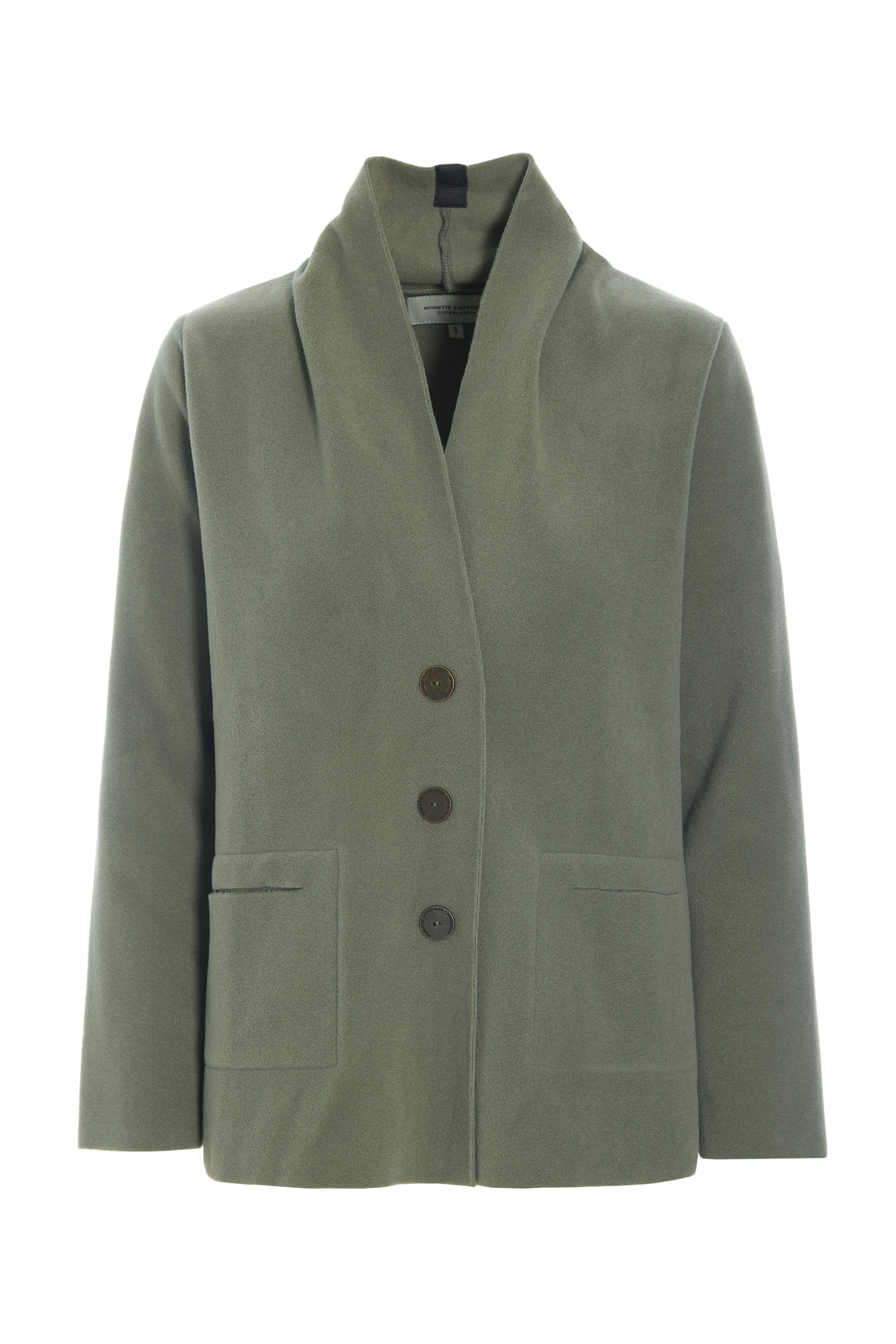 Green fleece cardigan with buttons on a white background