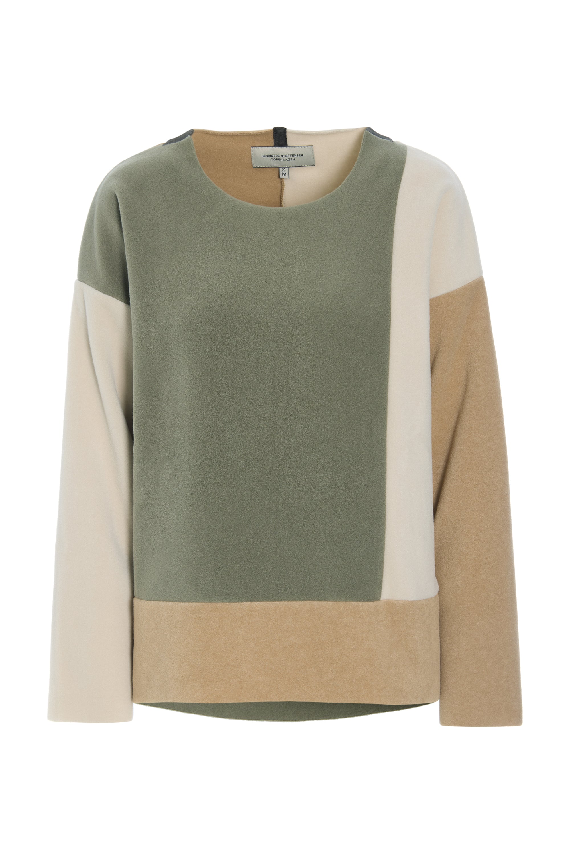 Color-blocked fleece sweater with green, beige, and white sections on a white background