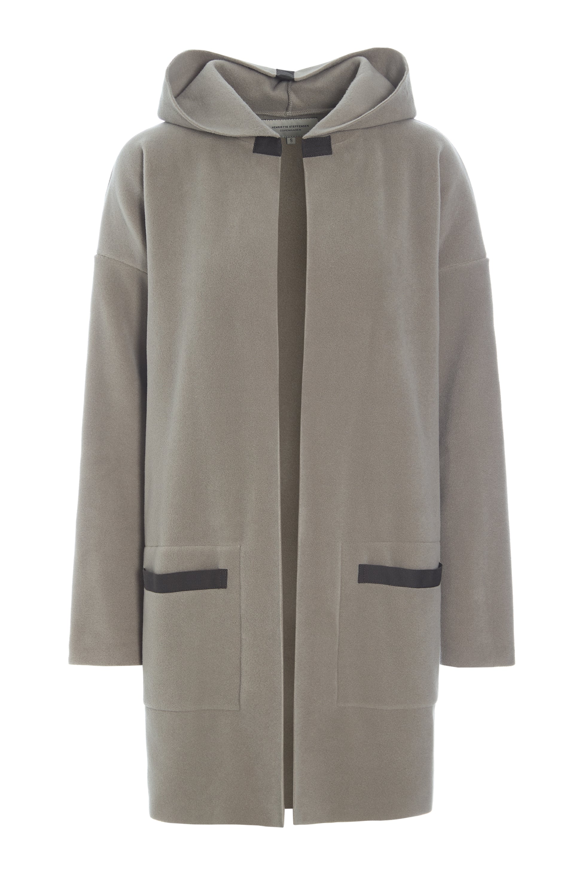 A grey Henriette Steffensen hooded cardigan displayed against a white background. Features black-trimmed pockets and an open front.