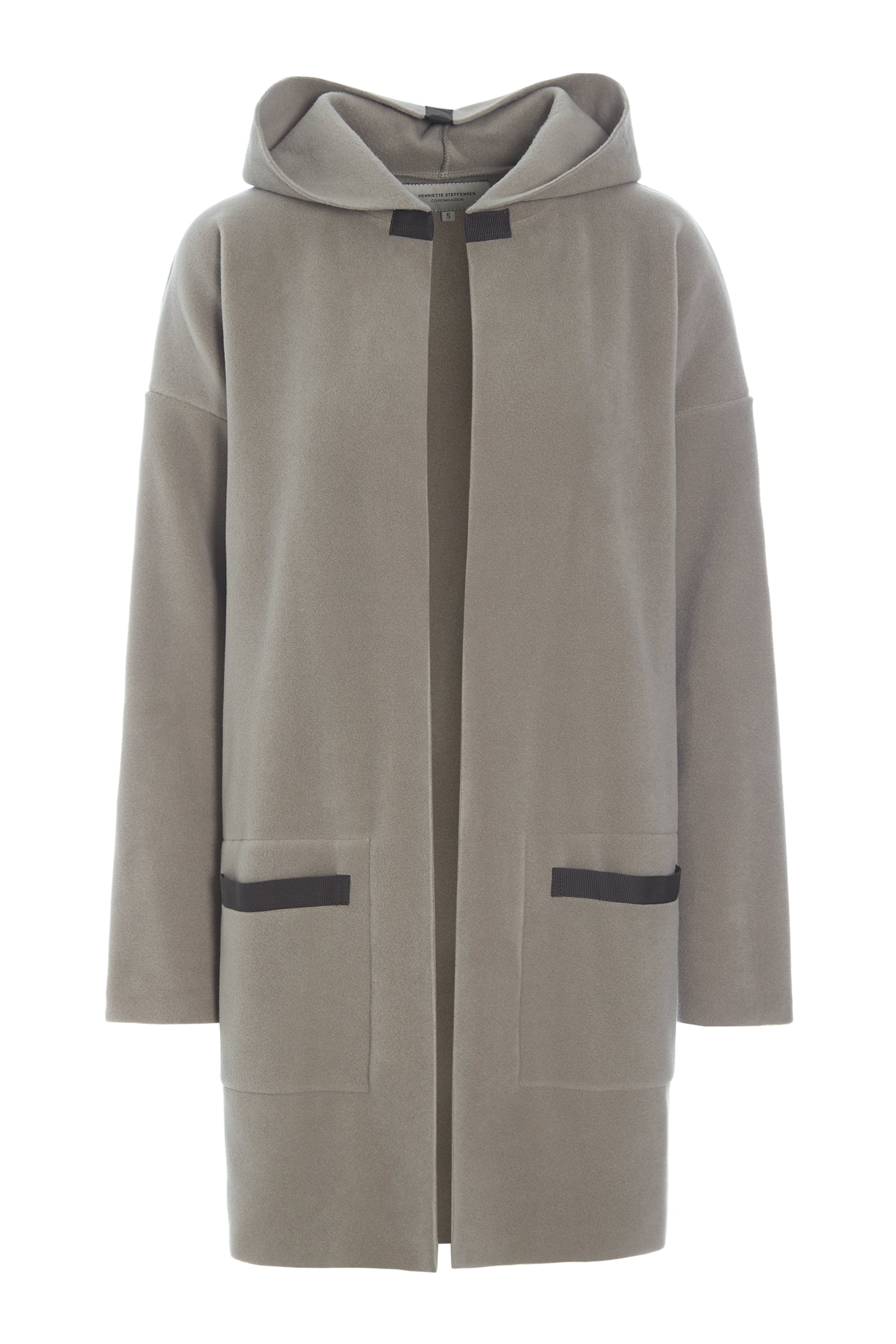 A grey Henriette Steffensen hooded cardigan displayed against a white background. Features black-trimmed pockets and an open front.
