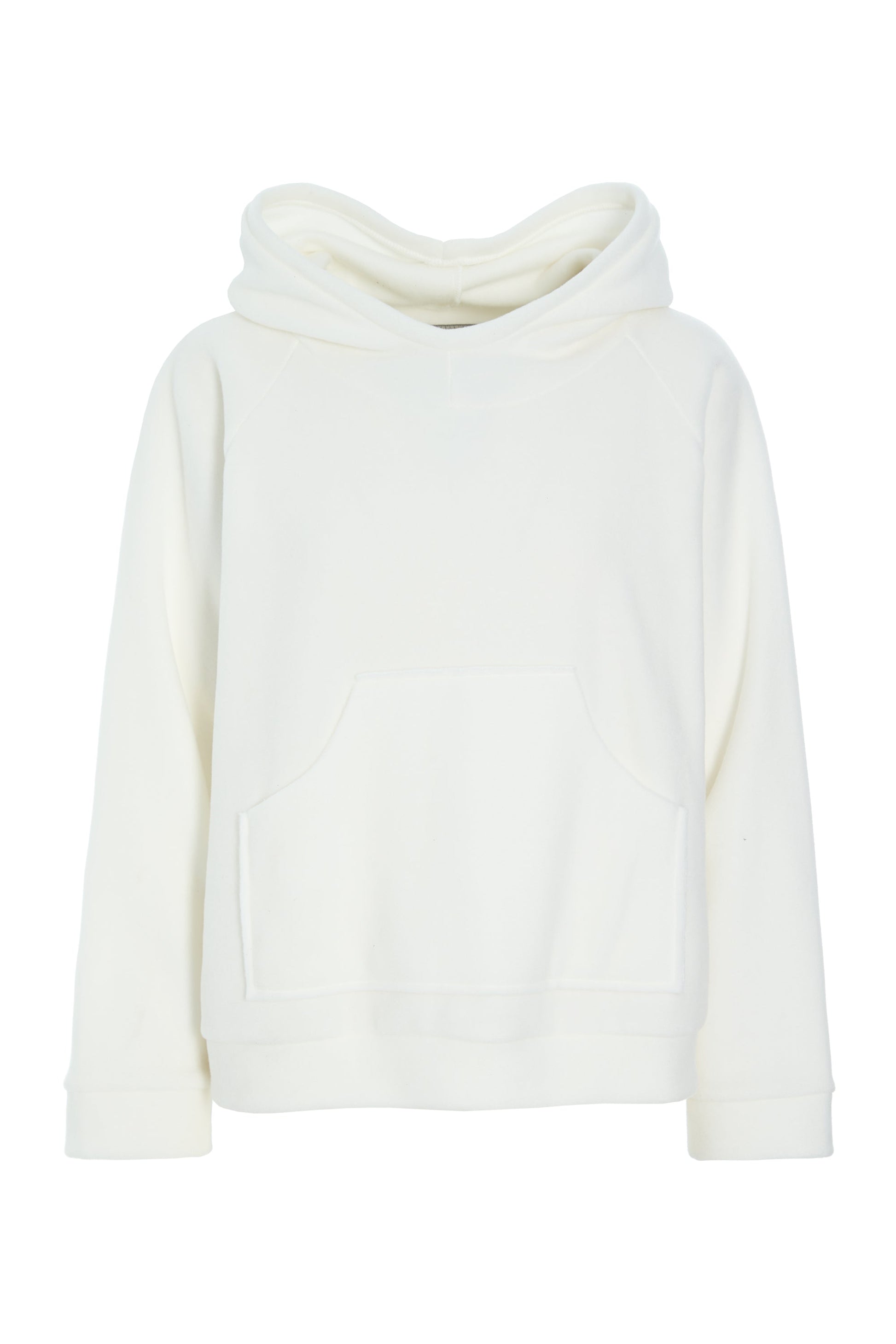 A Henriette Steffensen white hoodie featuring raglan sleeves and a front pocket on a white background.