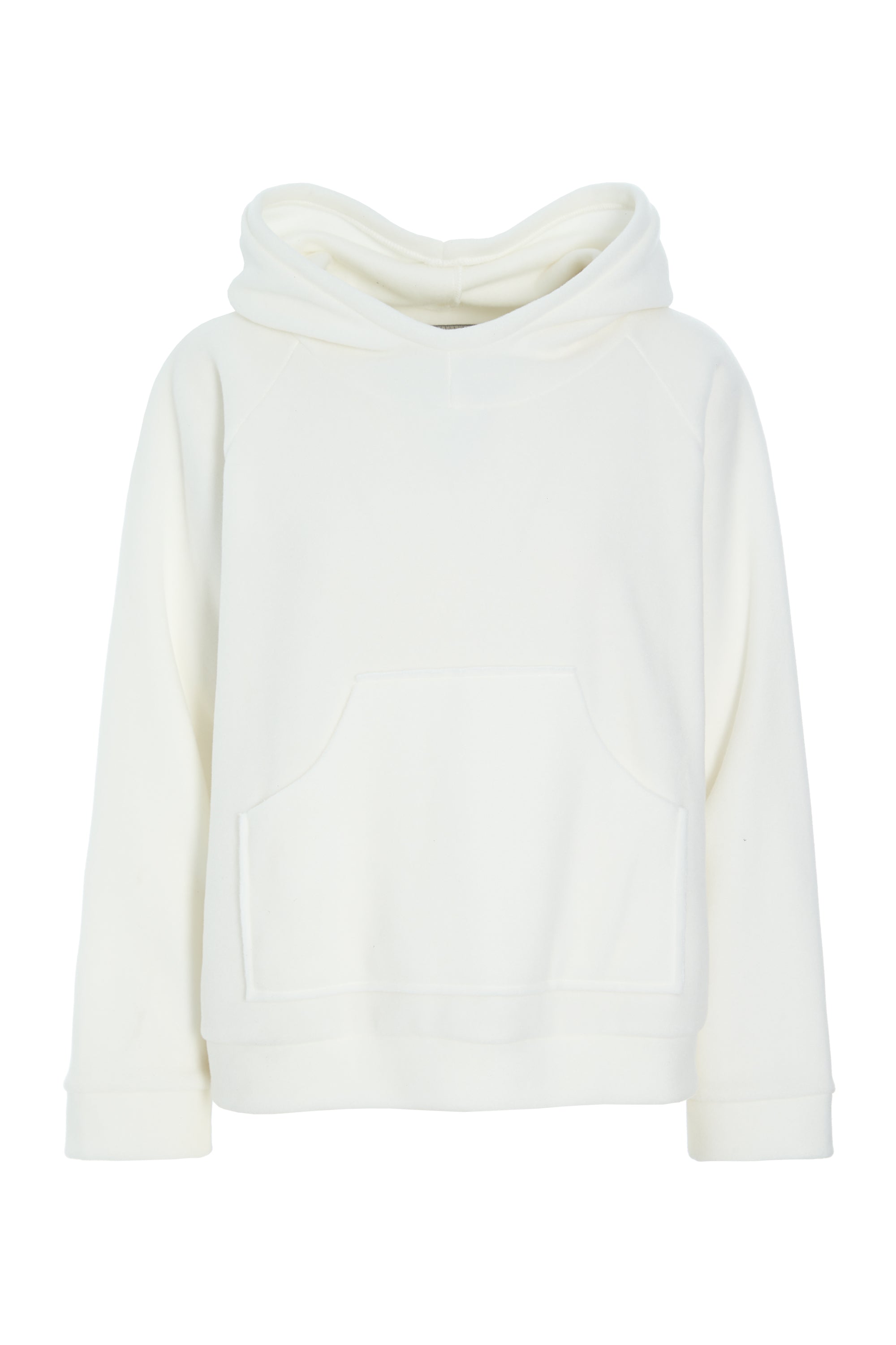A Henriette Steffensen white hoodie featuring raglan sleeves and a front pocket on a white background.