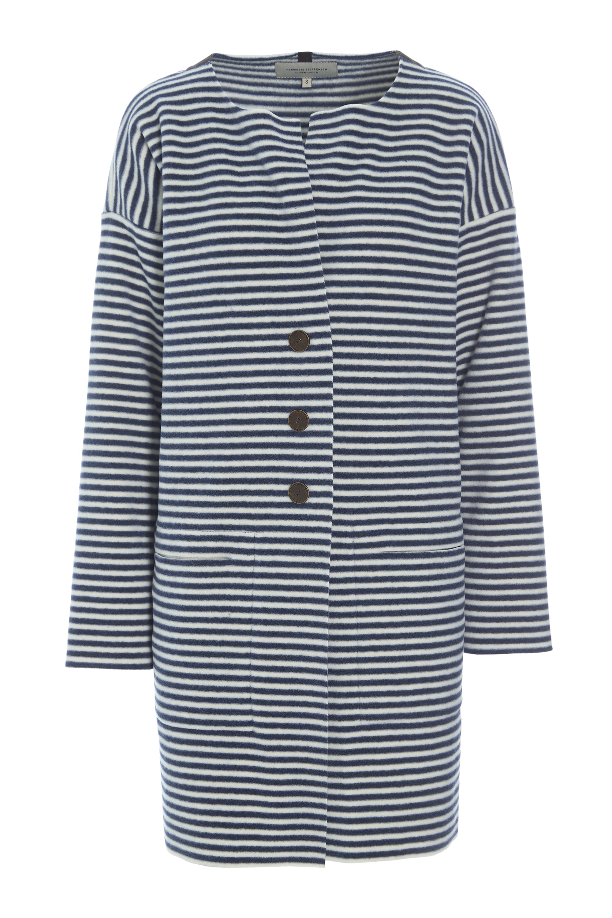 Henriette steffensen striped cardigan with a round neckline, handy pockets, and a flattering mid-thigh length on a white background.