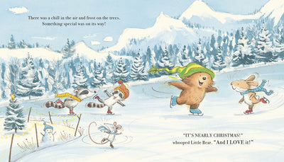 Illustration of animals in a snowy landscape with text about Christmas approaching.