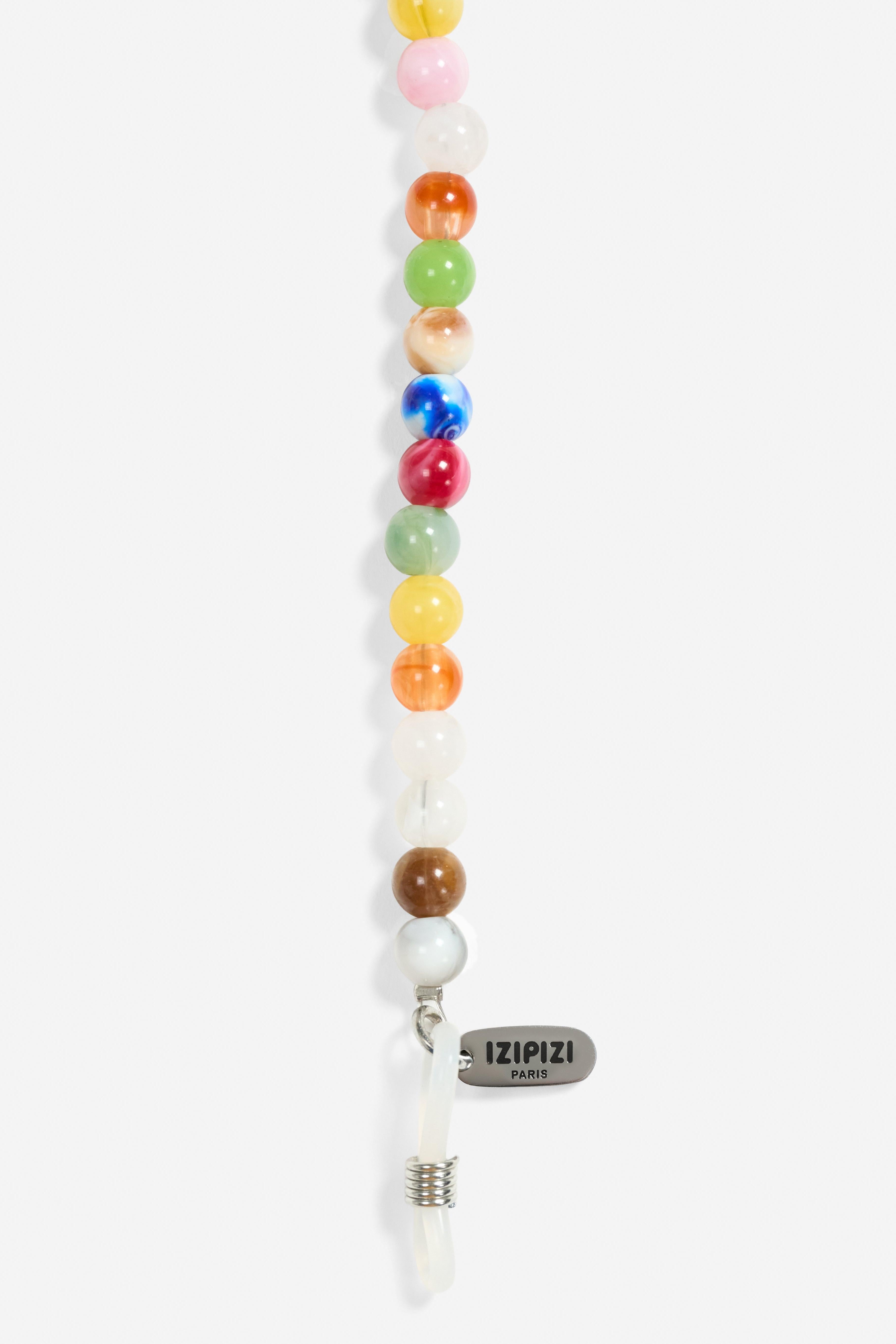 Colorful beaded glasses strap and 'izipizi' logo on a white background