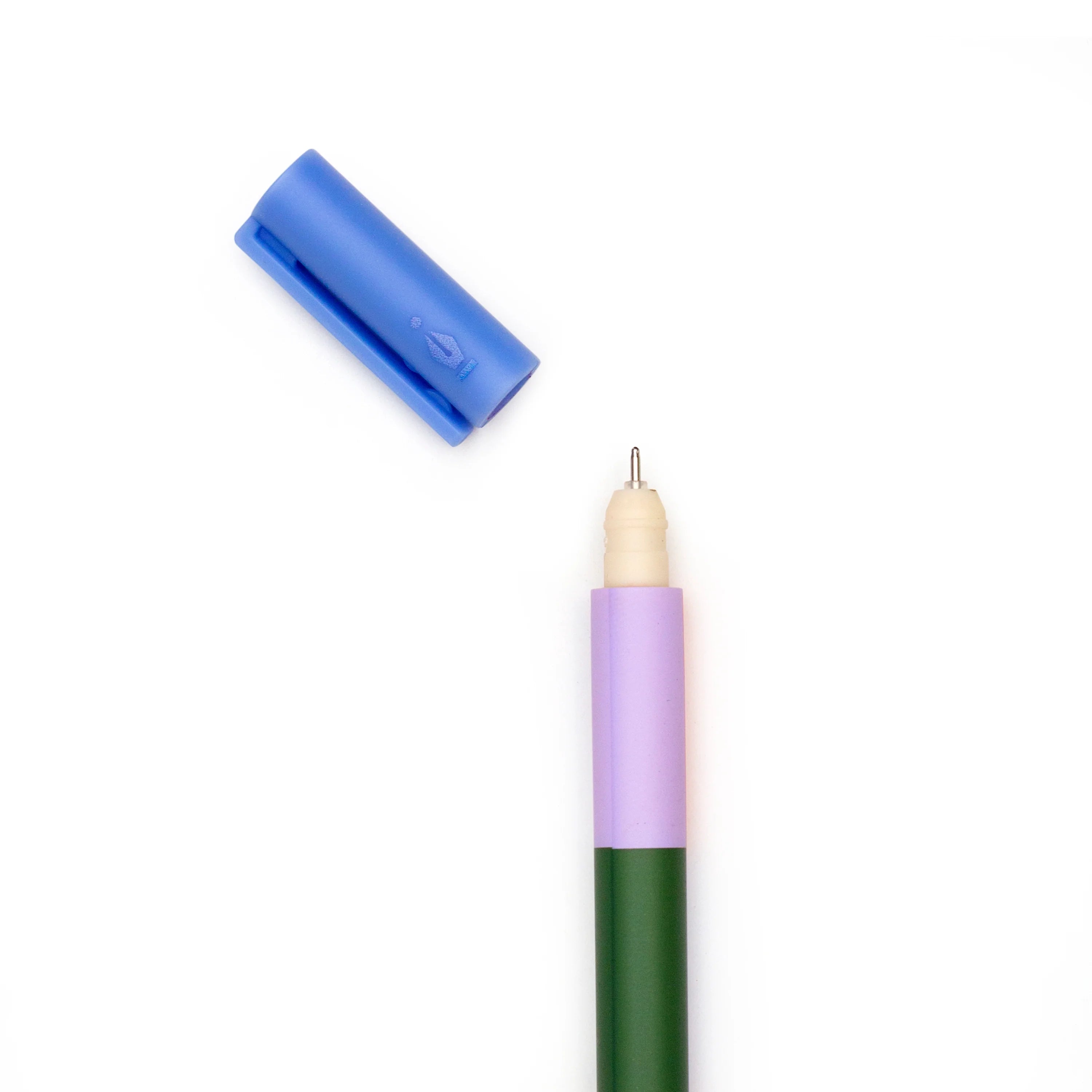The pen with its cap off, revealing the fine tip and ergonomic grip design.