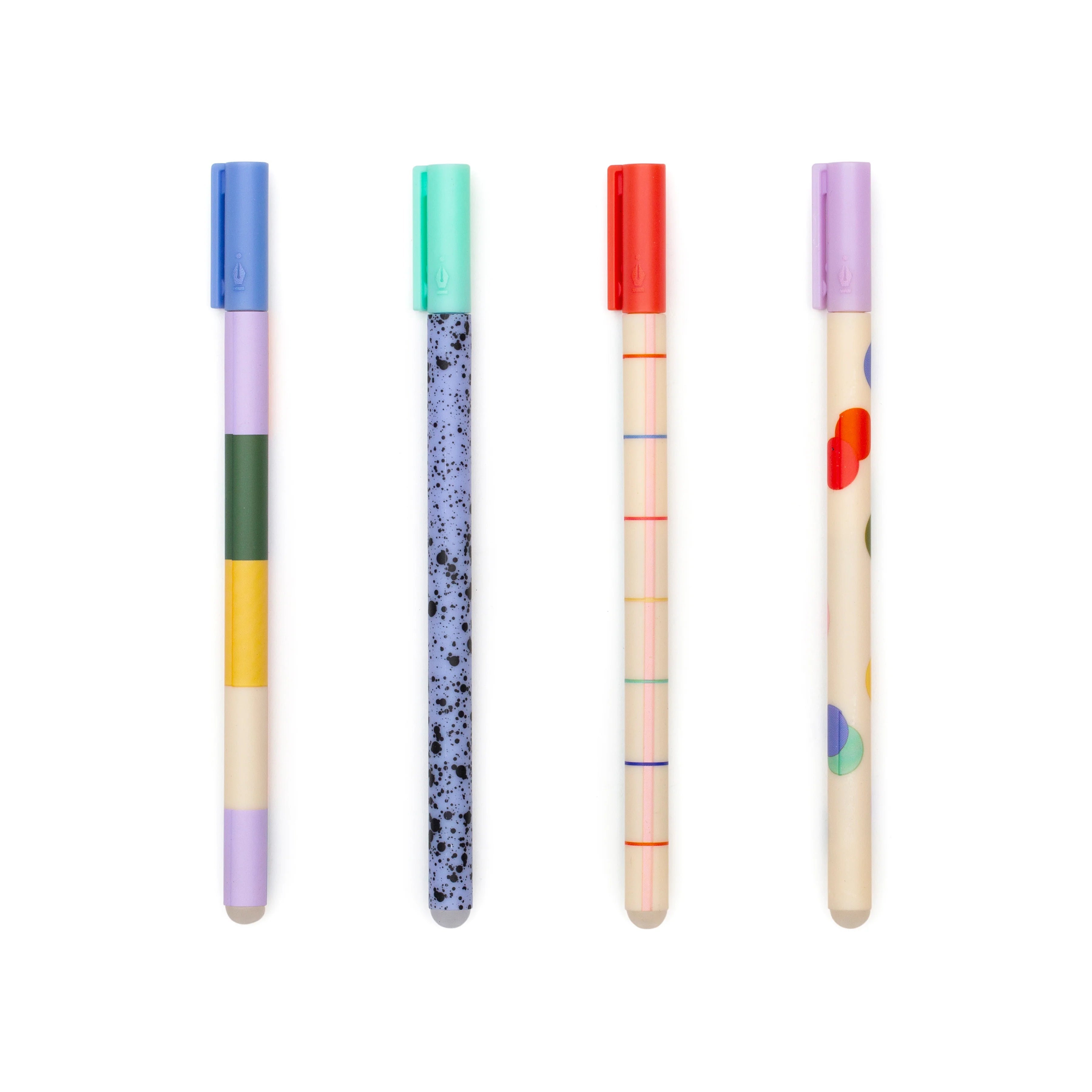 A collection of Inkerie Erasable Pens featuring various barrel designs, including pastel colours and speckled patterns.