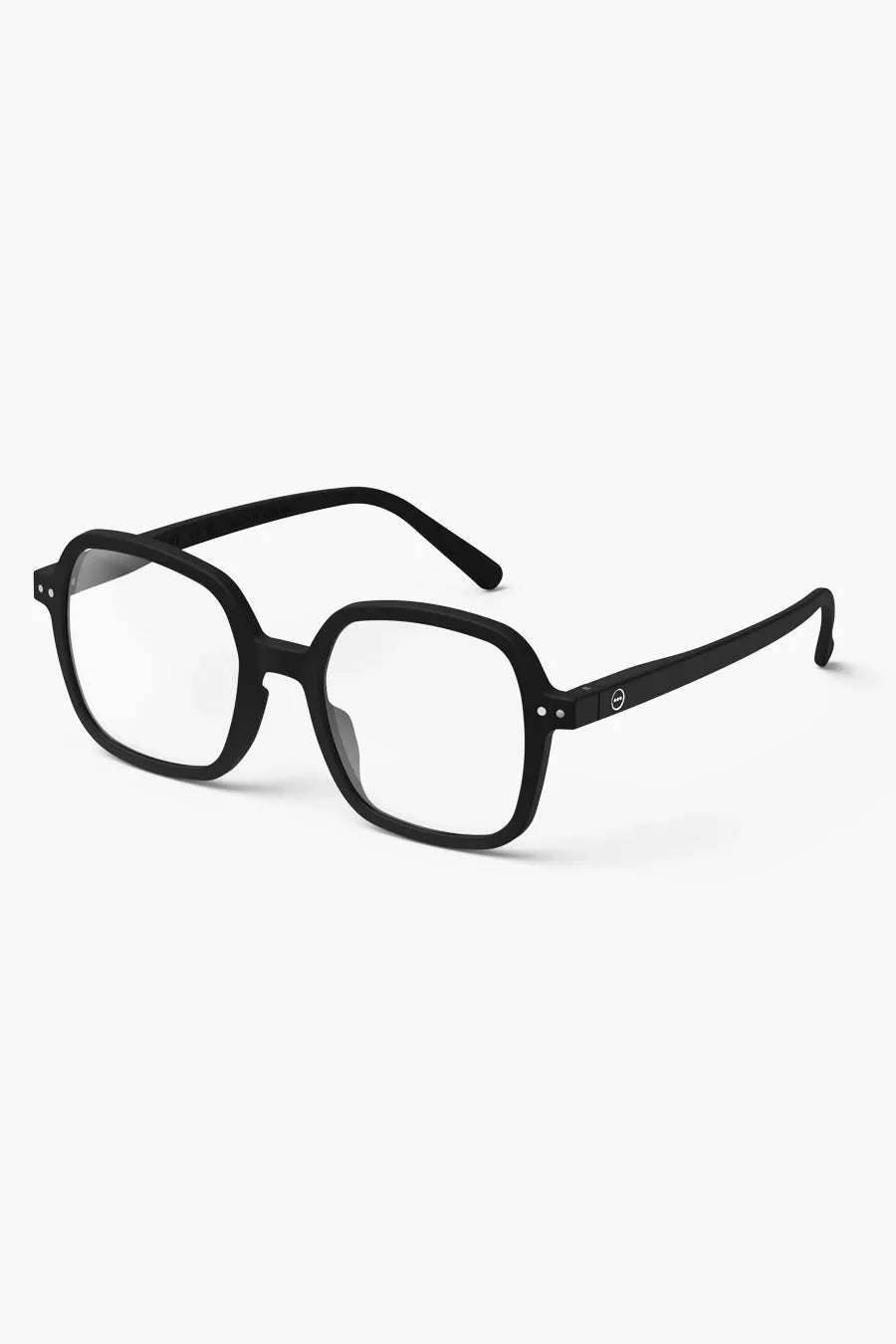 Front view of the Izipizi Reading #OFFICE Black glasses, highlighting their oversized square design and soft matte black frame.
