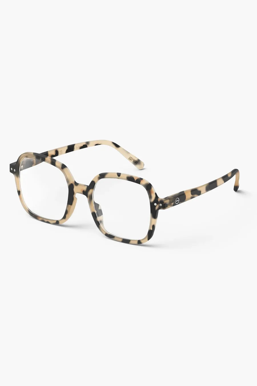 Front view of the Izipizi Reading #OFFICE Light Tortoise glasses, highlighting their oversized square design and matte tortoiseshell frame.