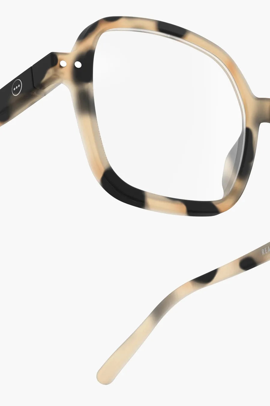 Close up of tortoise matte glasses design.