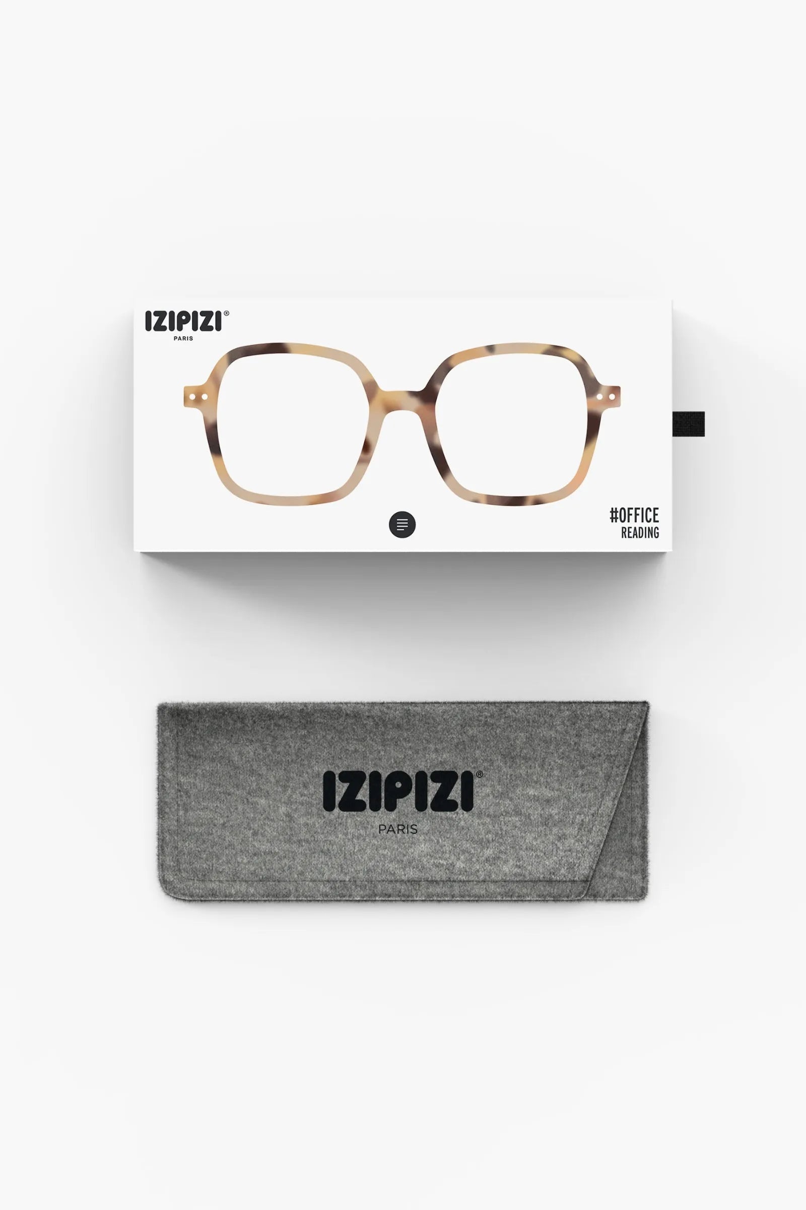 Izipizi Reading Office Light Tortoise box and Izipizi glasses case on white background.