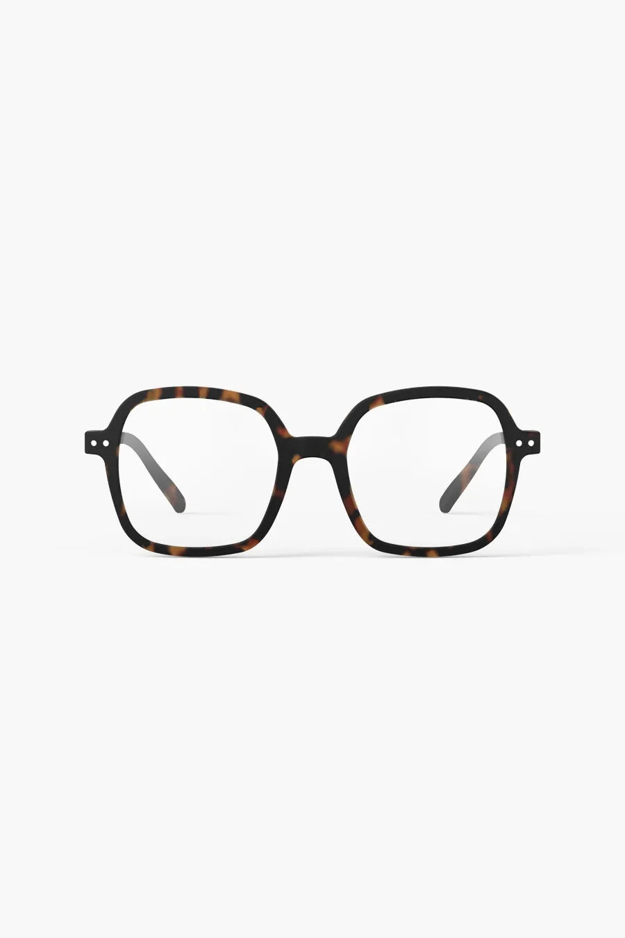 Front view of the Izipizi Reading #OFFICE Tortoise glasses, showcasing their oversized square design with a tortoiseshell pattern and matte finish.