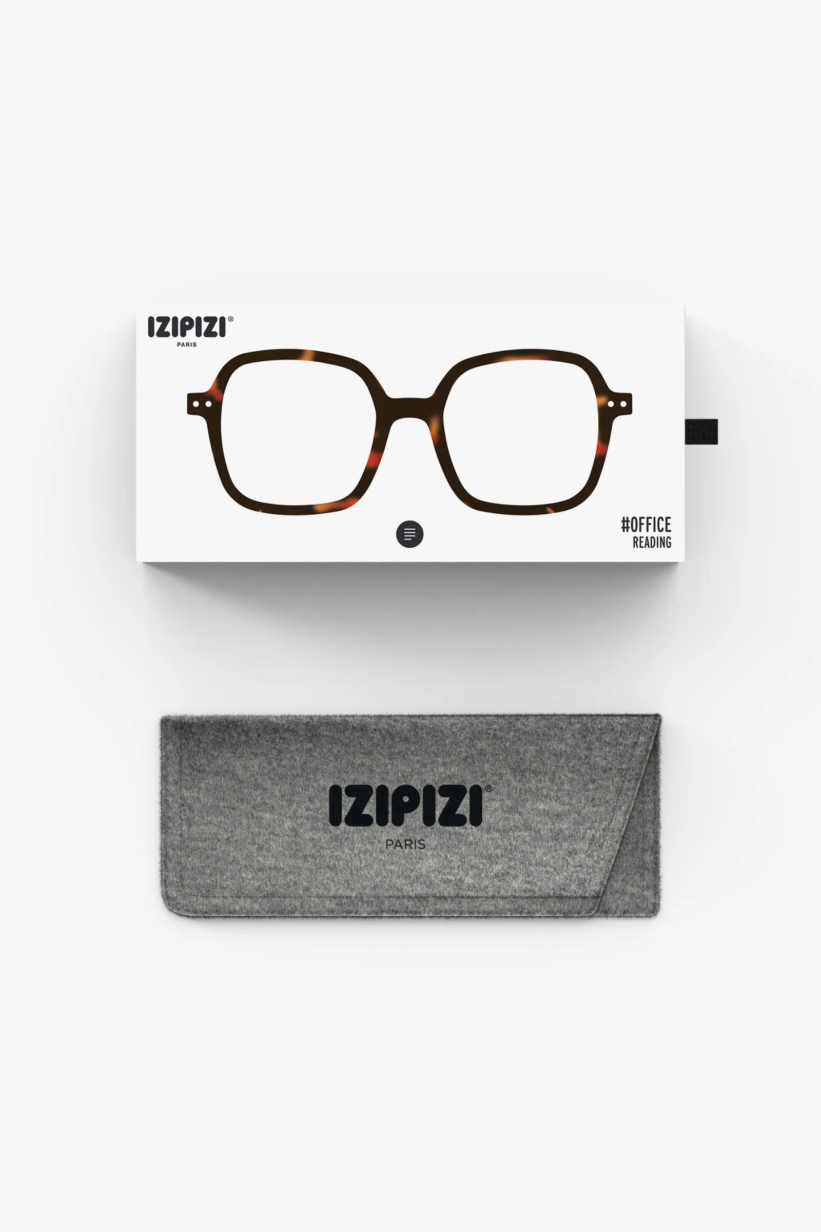 Izipizi Reading Office Tortoise box and Izipizi glasses case on white background.