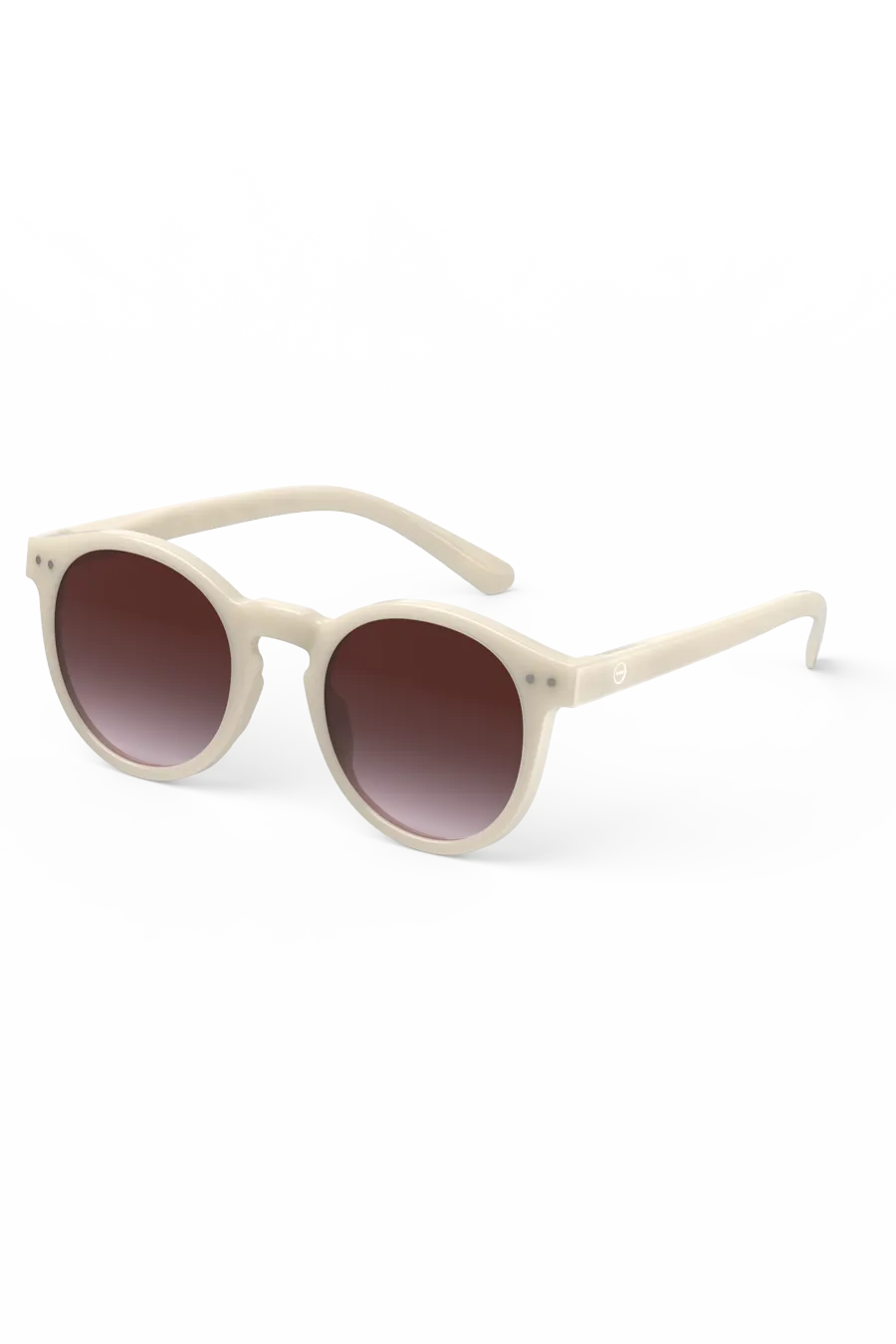 Side view of the Izipizi M Vintage Cream sunglasses, showcasing their oversized design with a glossy cream frame and shaded violet lenses.
