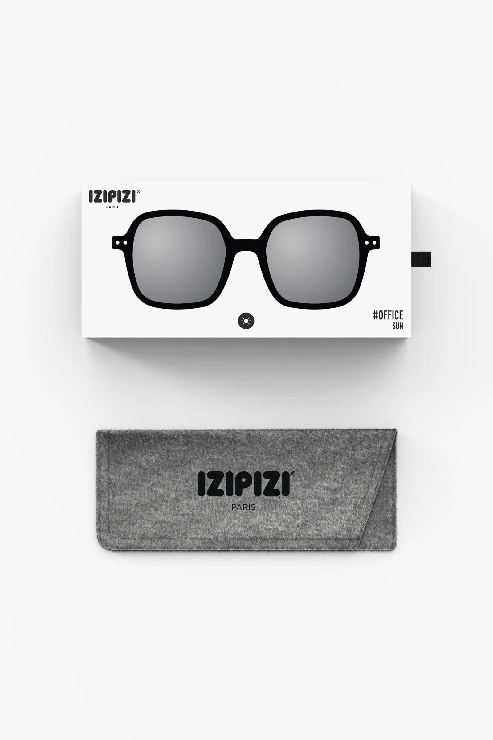 Izipizi Sun OFFICE Black box and sunglasses case on white background.