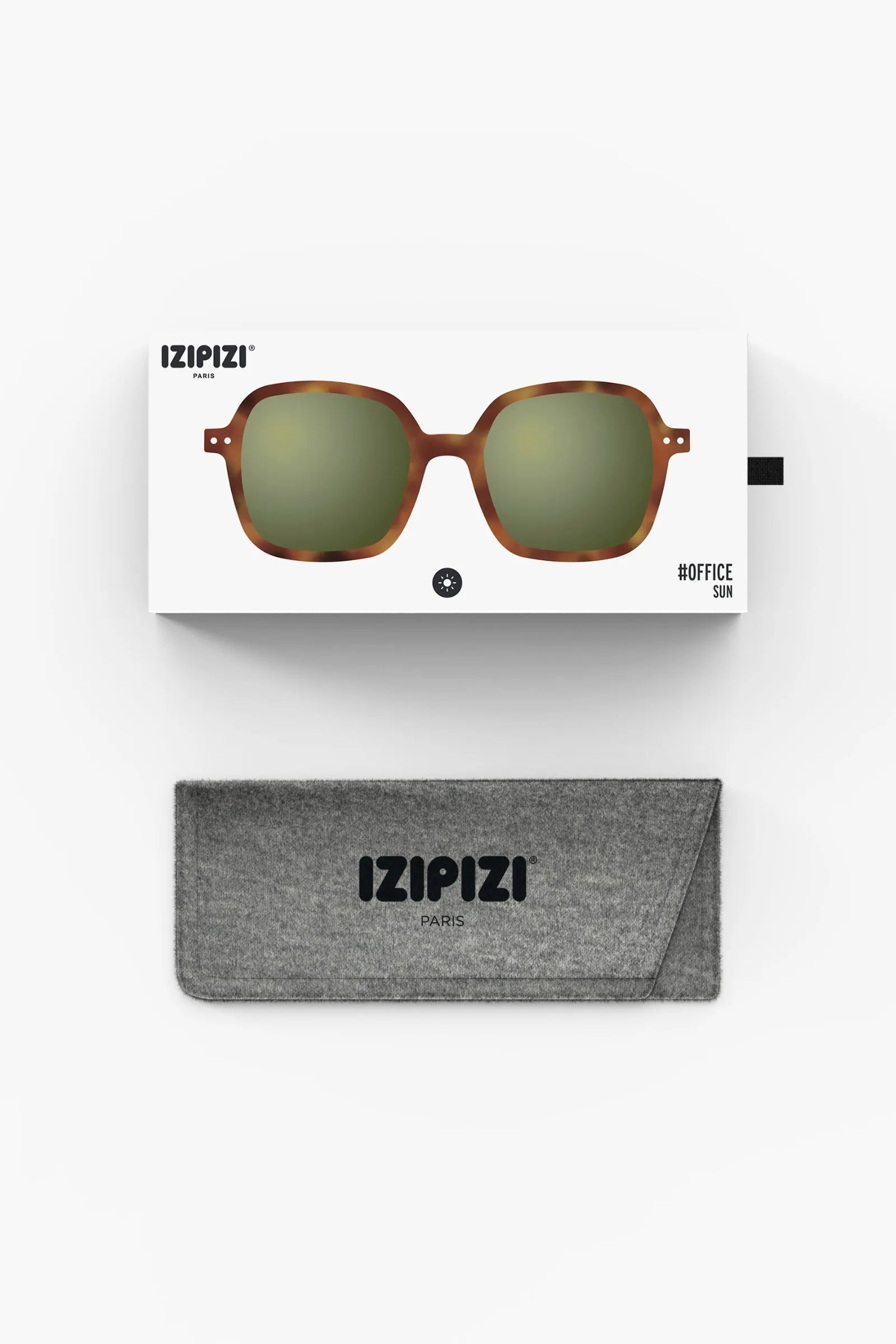 Izipizi Sun OFFICE Havane box and Izipizi sunglasses case on white background.