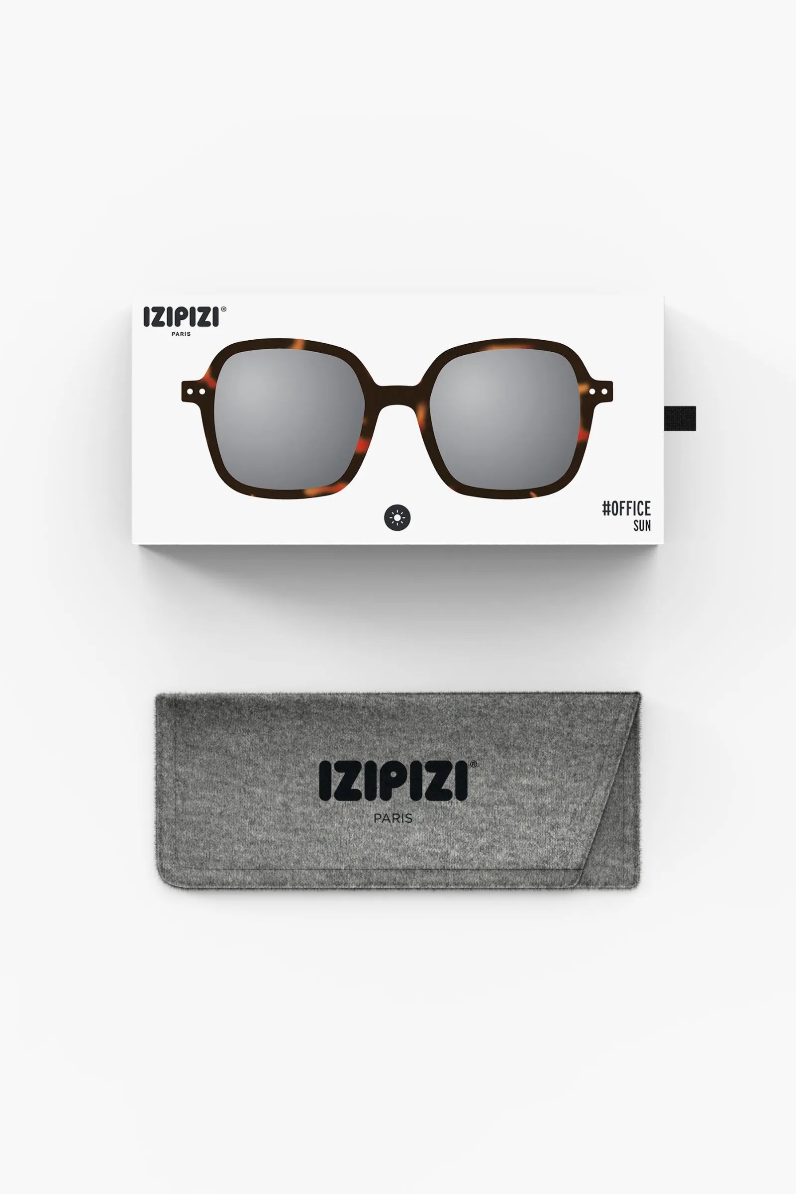 Izipizi Sun OFFICE Tortoise box and Izipizi sunglasses case on white background.