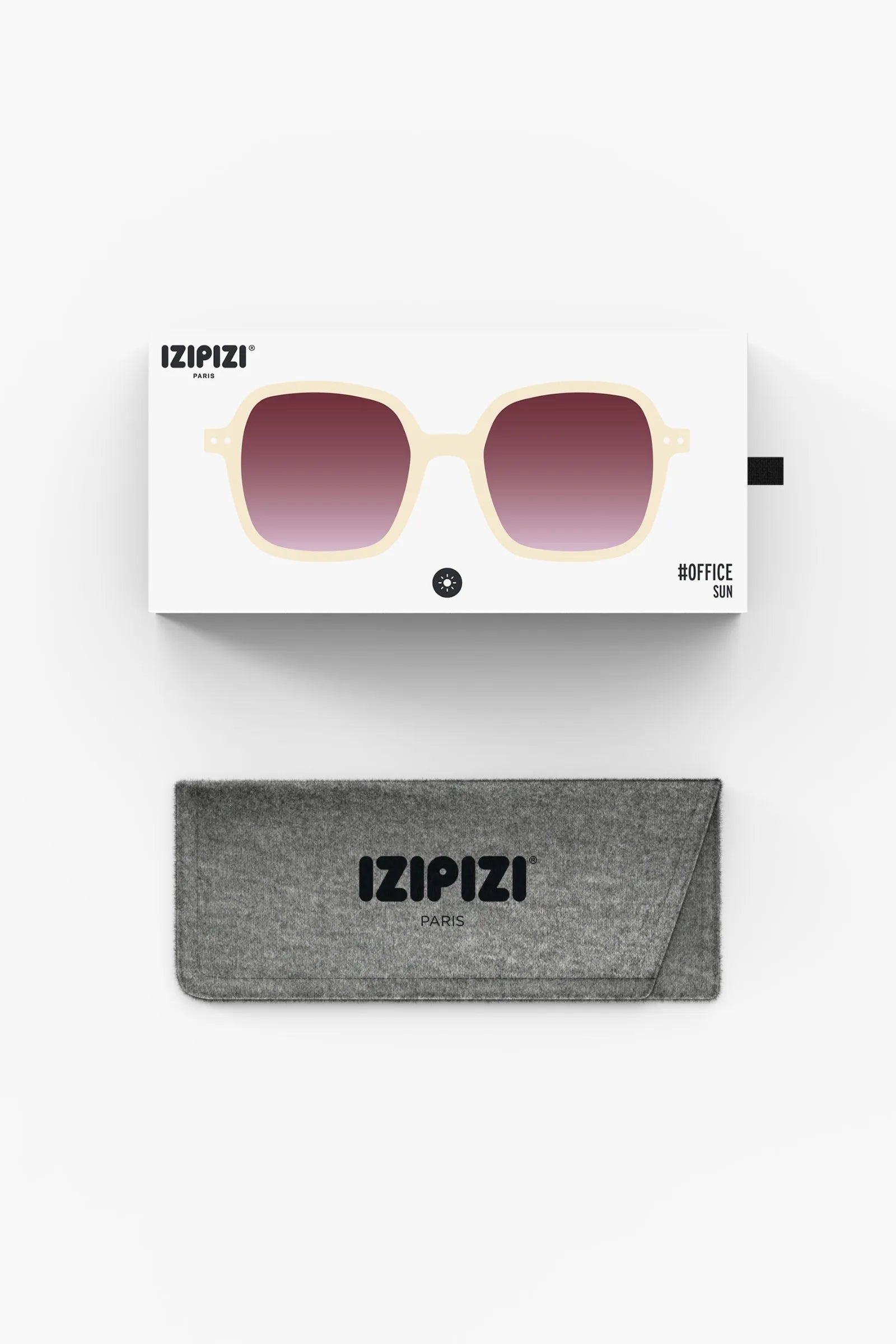 Izipizi Sun OFFICE Vintage Cream box and Izipizi sunglasses case on white background.