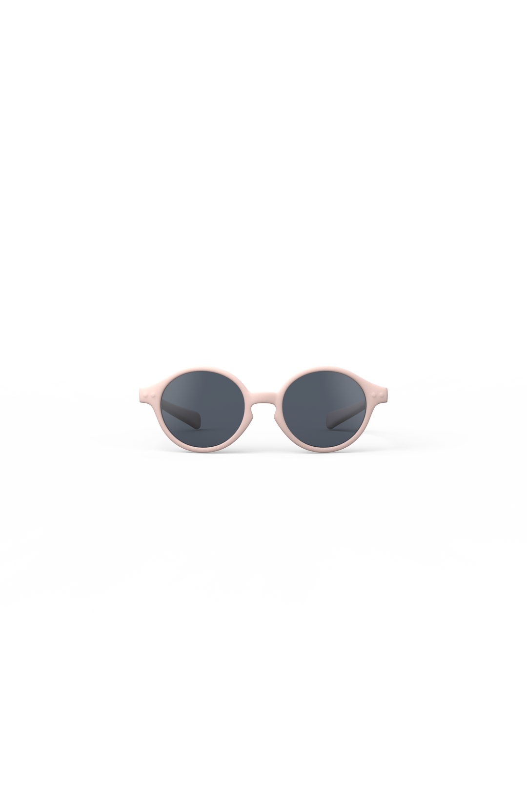 Round sunglasses with pink frame and dark lenses on a white background