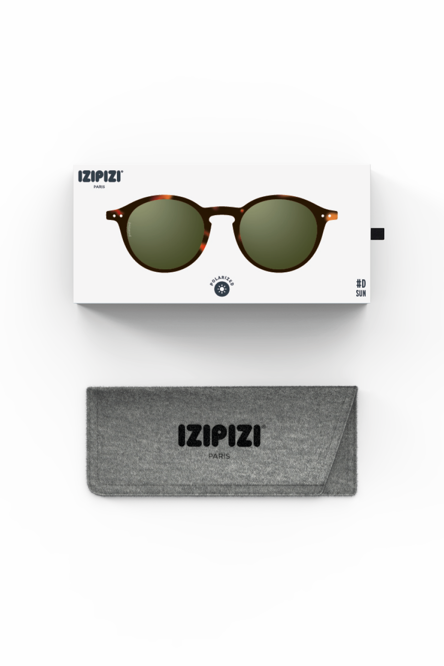 IZIPIZI sunglasses with packaging and case on a white background