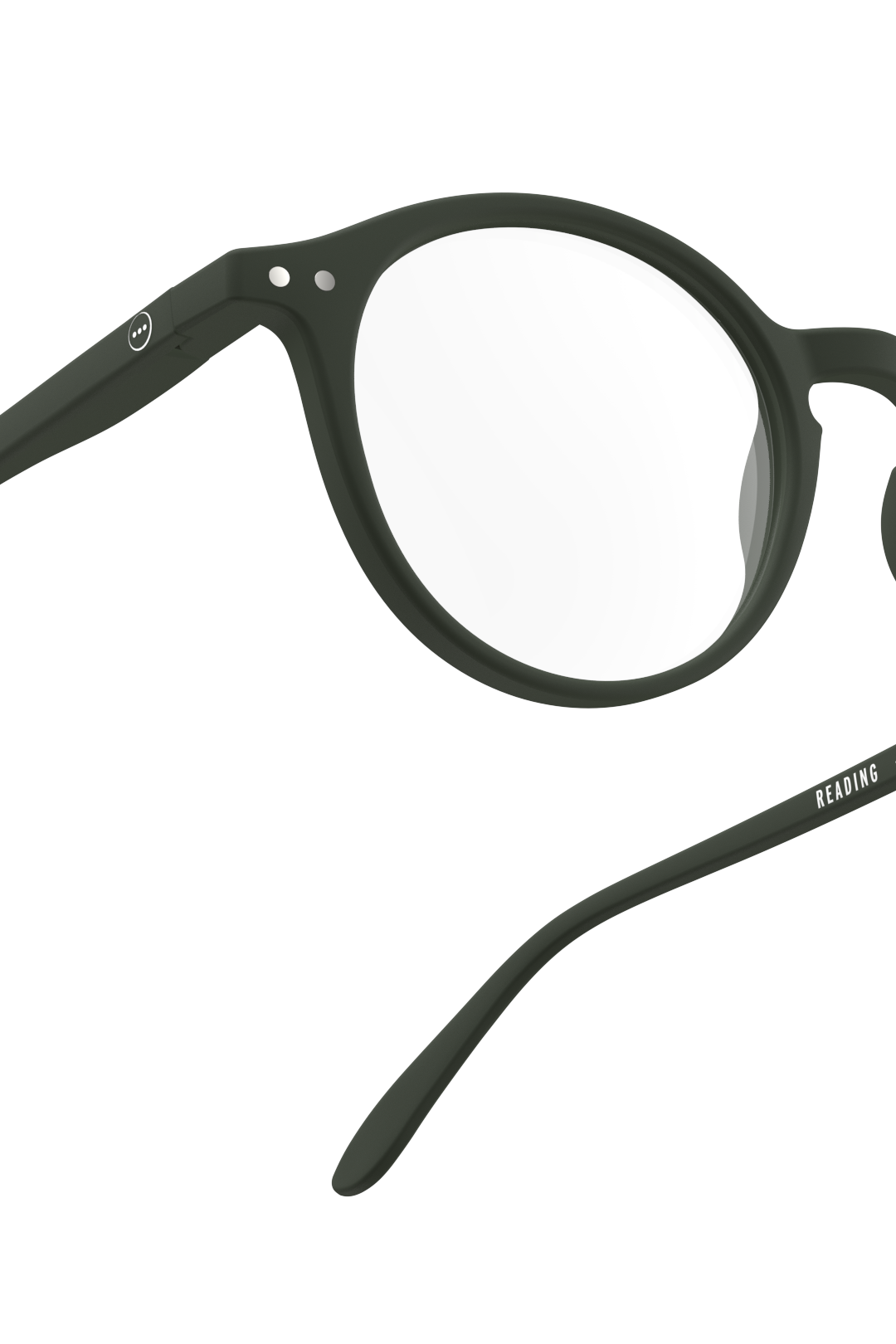 Green eyeglasses with 'Reading' label on a white background