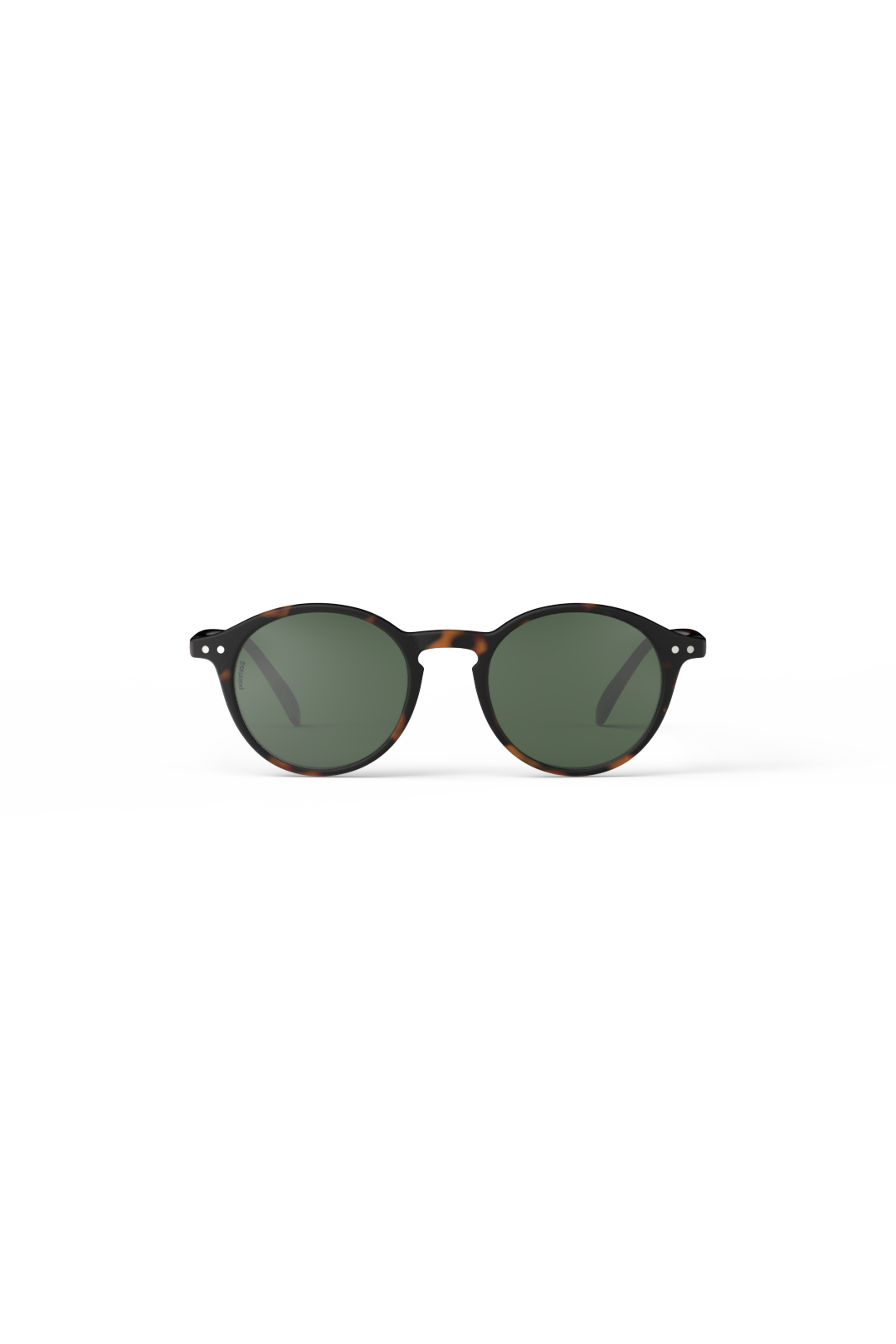 Round sunglasses with tortoiseshell frame and dark lenses on a white background