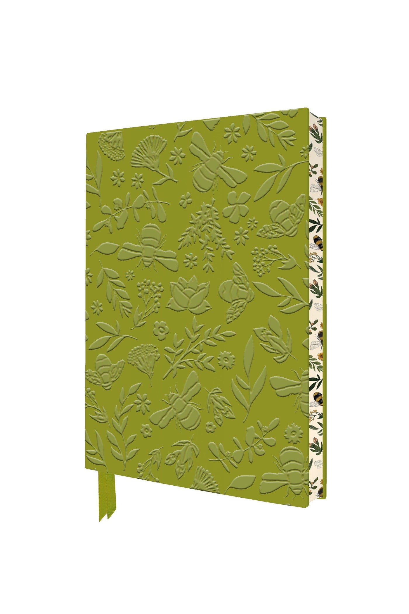 Green notebook with floral embossed design on a white background