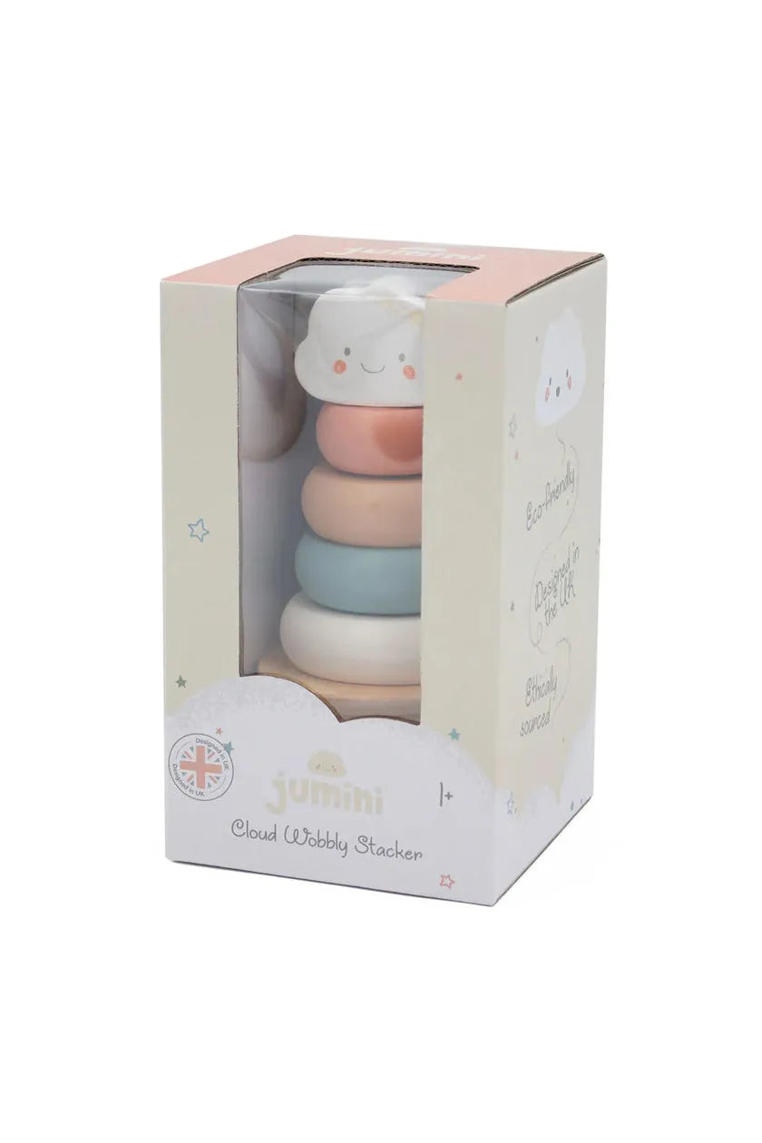 Set of colorful stacking rings in a box with 'Jumini' branding on a white background