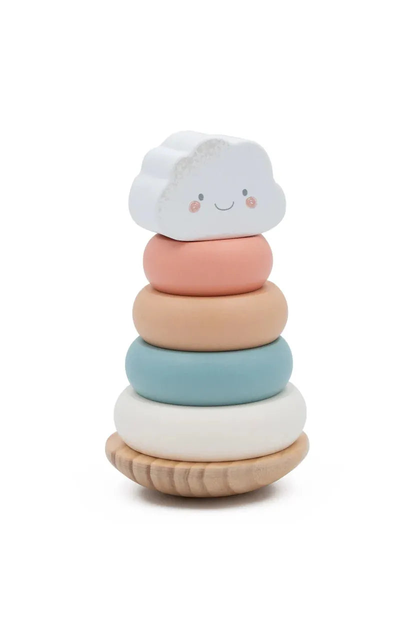 Stack of colorful wooden rings with a cloud-shaped top on a white background