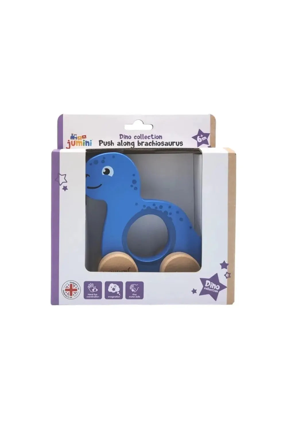 Blue dinosaur toy in packaging with visible brand logo on a white background
