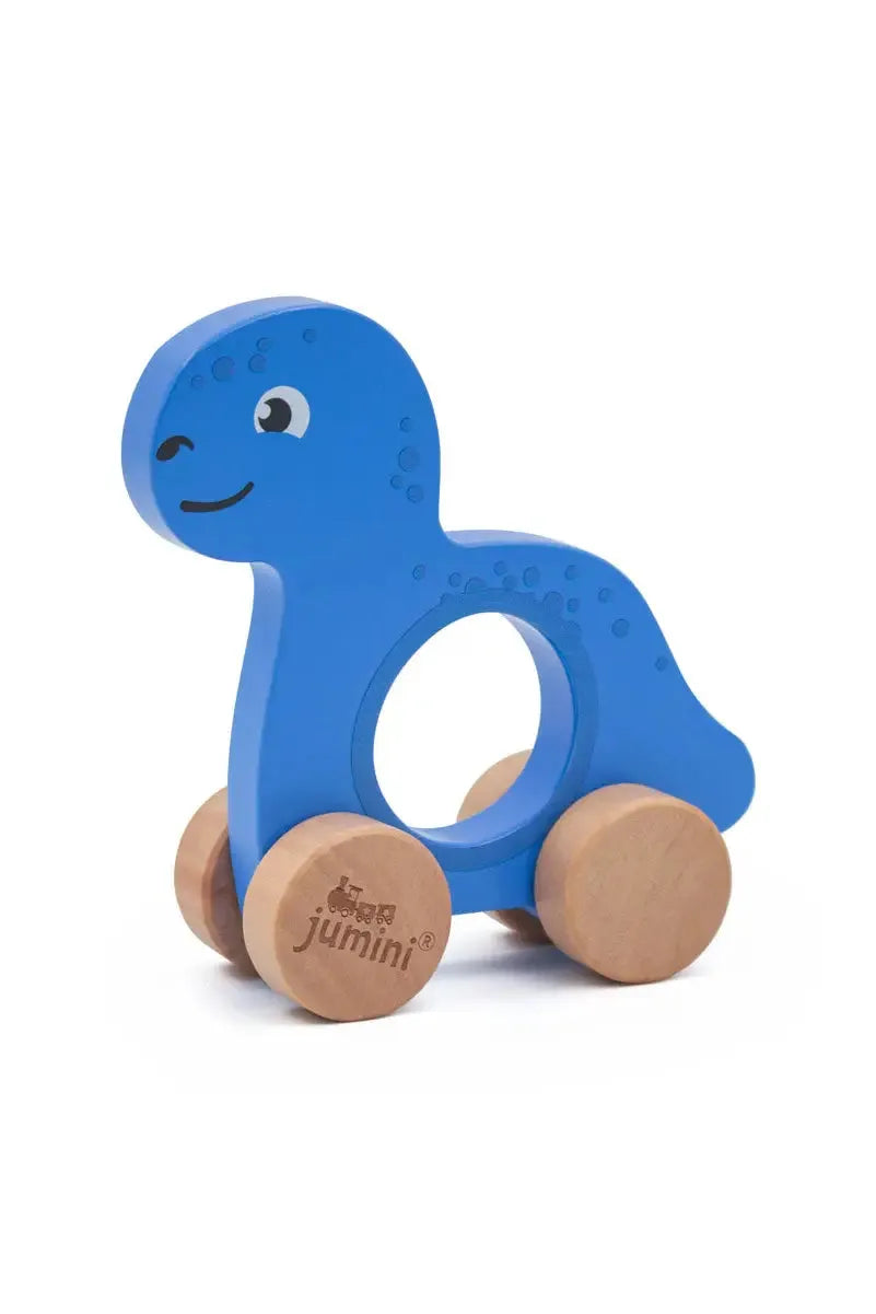 Blue dinosaur-shaped teething toy with wooden wheels on a white background