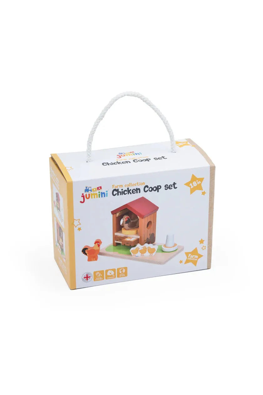 Boxed Chicken Coop set with a wooden coop and accessories on a white background